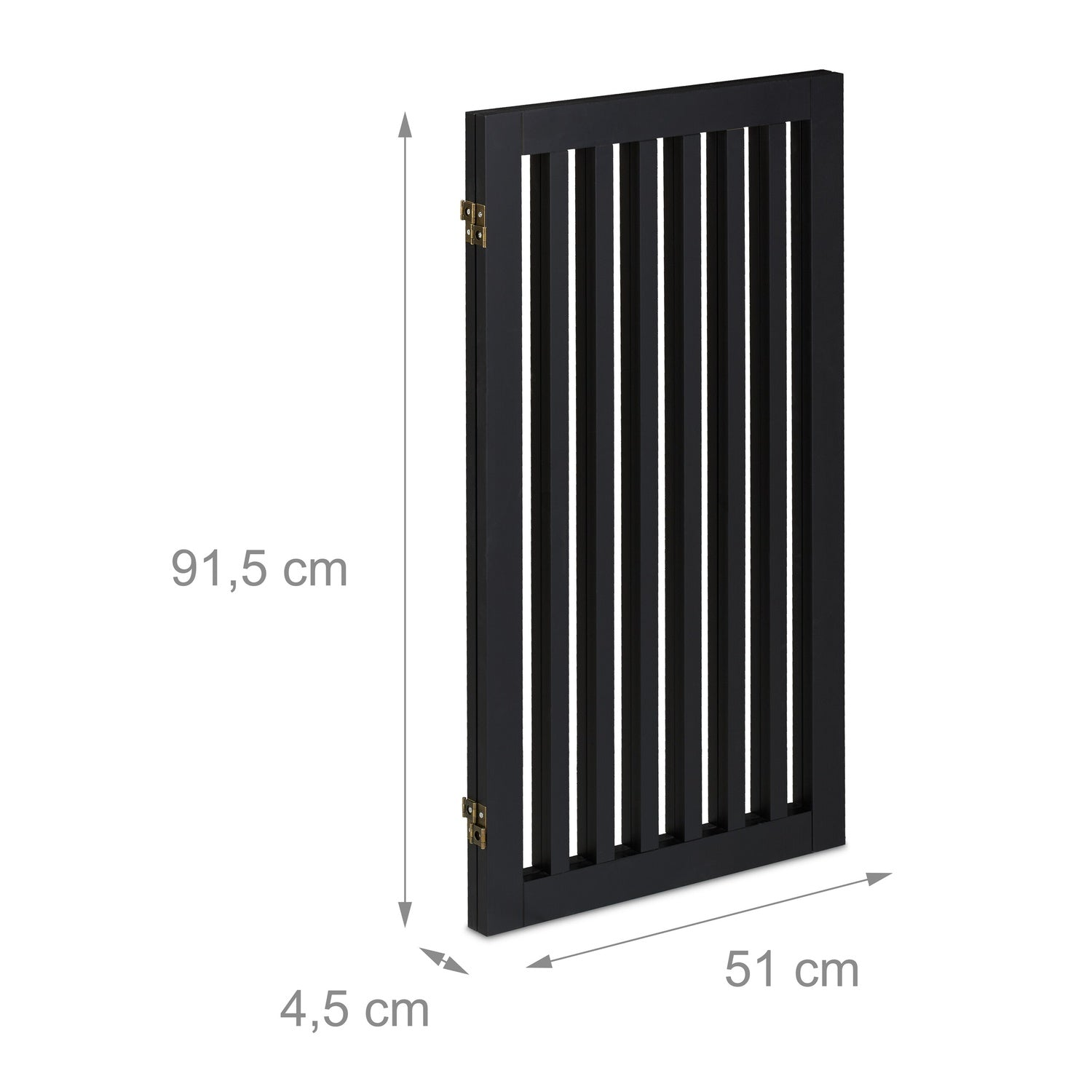 Una puerta negra rectangular con listones verticales. Dimensiones: 91,5 cm alto.