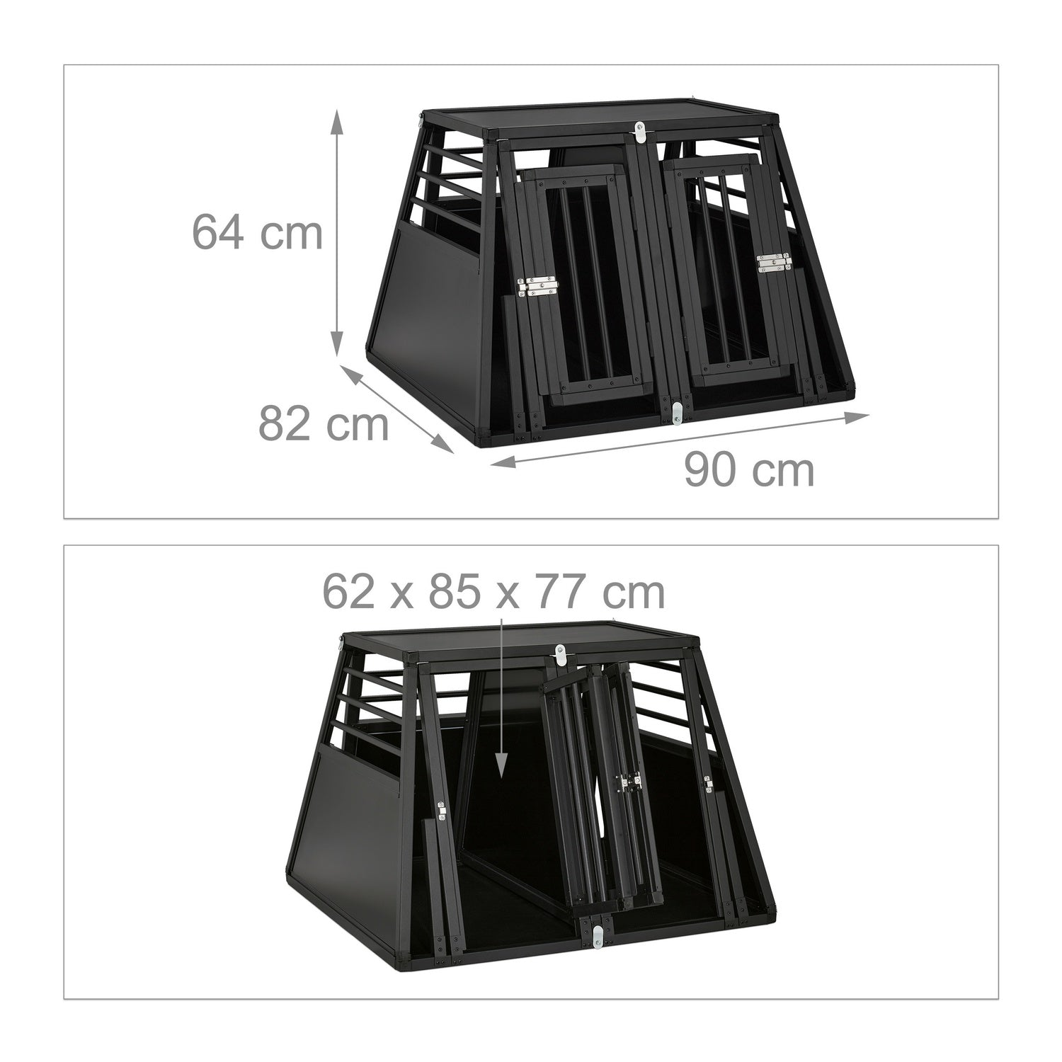 Transportín negro para perros con medidas 64x82x90 cm y 62x85x77 cm.