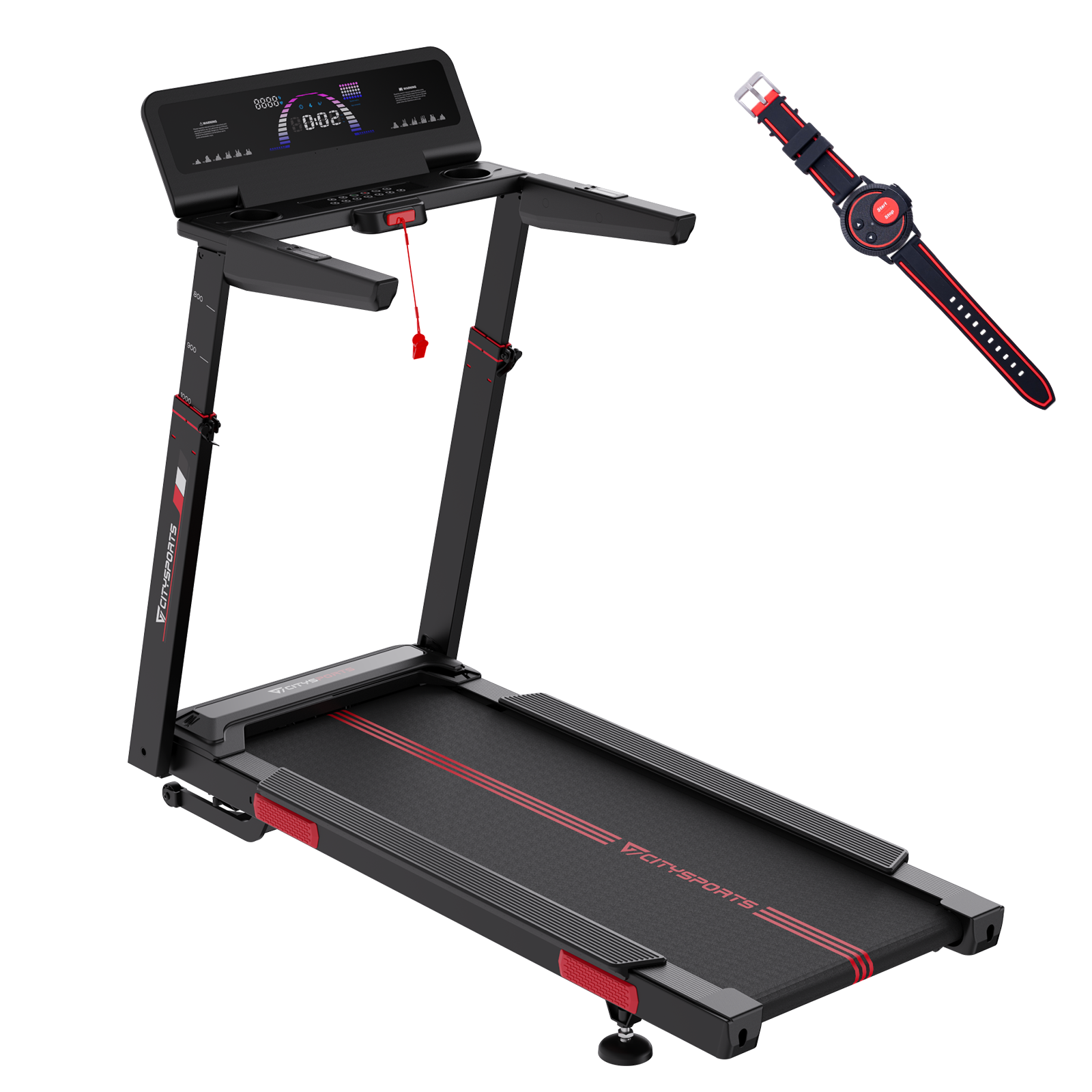 A black treadmill with red accents and a separate red and black smartwatch.