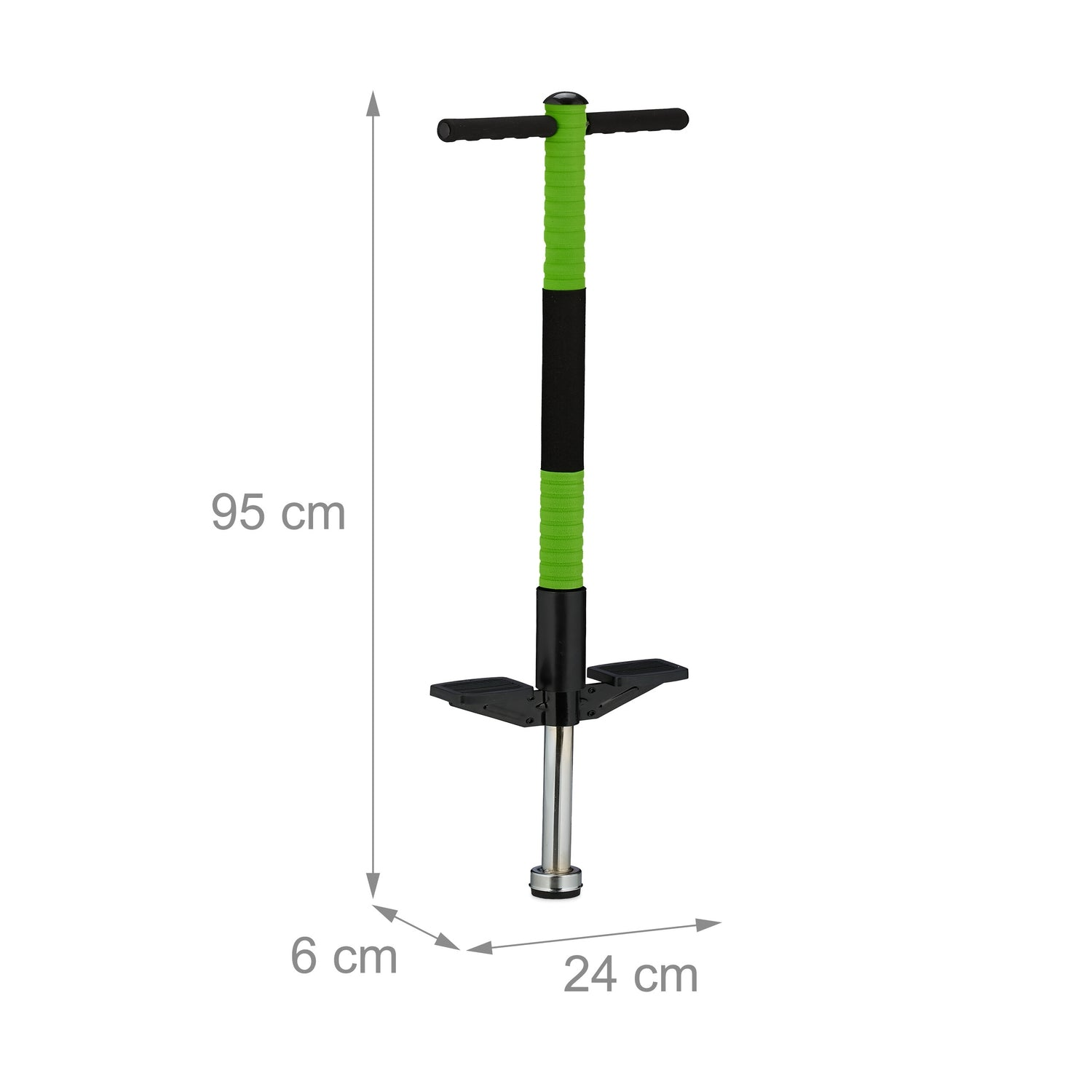 Palo de salto verde y negro con reposapiés e indicadores de medida.