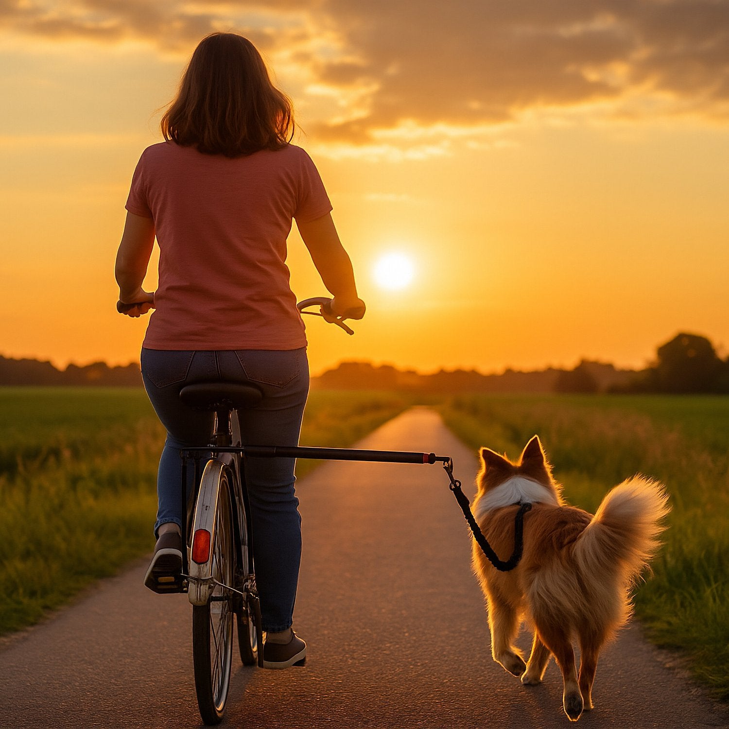 Una persona anda en bicicleta al atardecer con un perro atado.