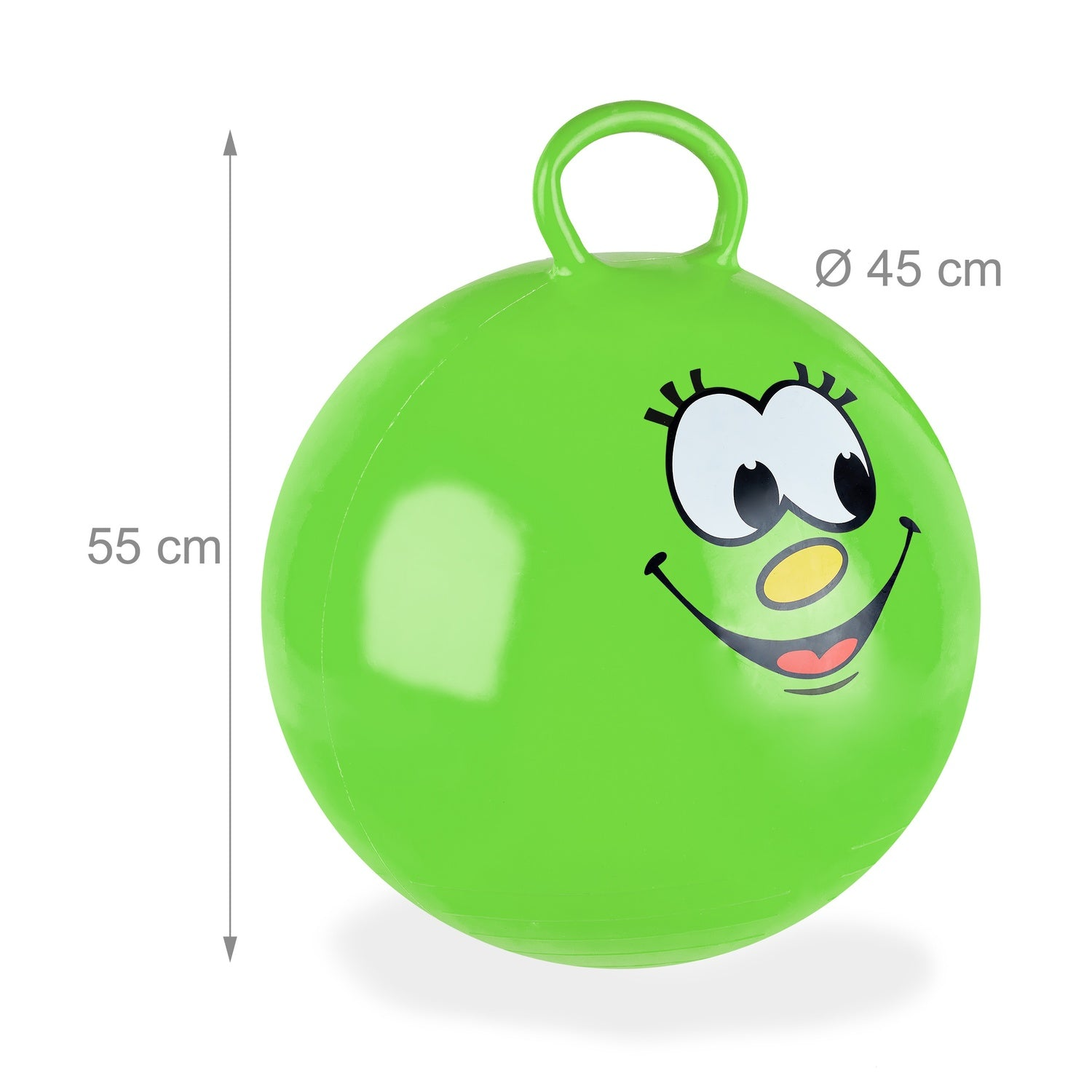 Pelota hinchable verde con cara, 45cm diámetro, 55cm altura.