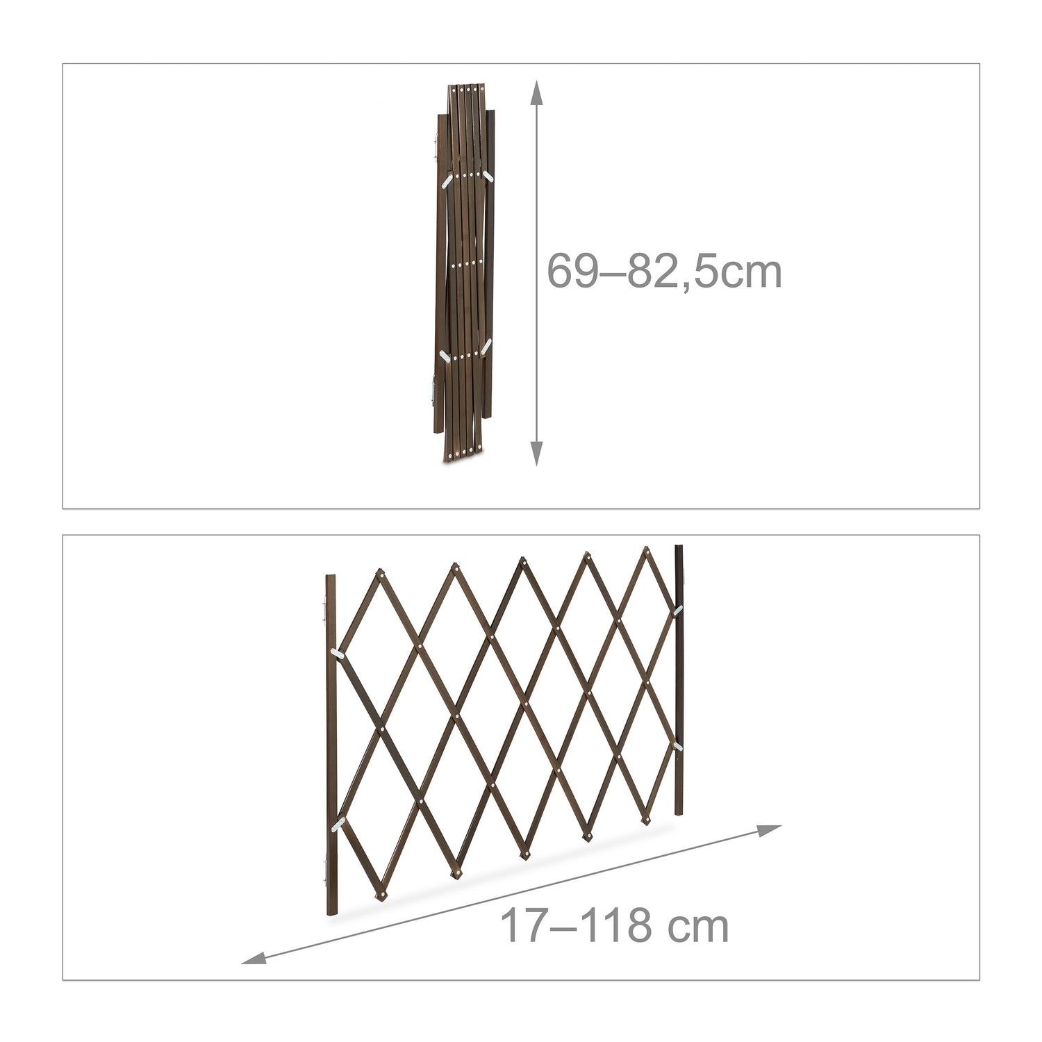 Una valla de madera marrón oscura plegable, 69-82.5cm de alto y 17-118cm de ancho.