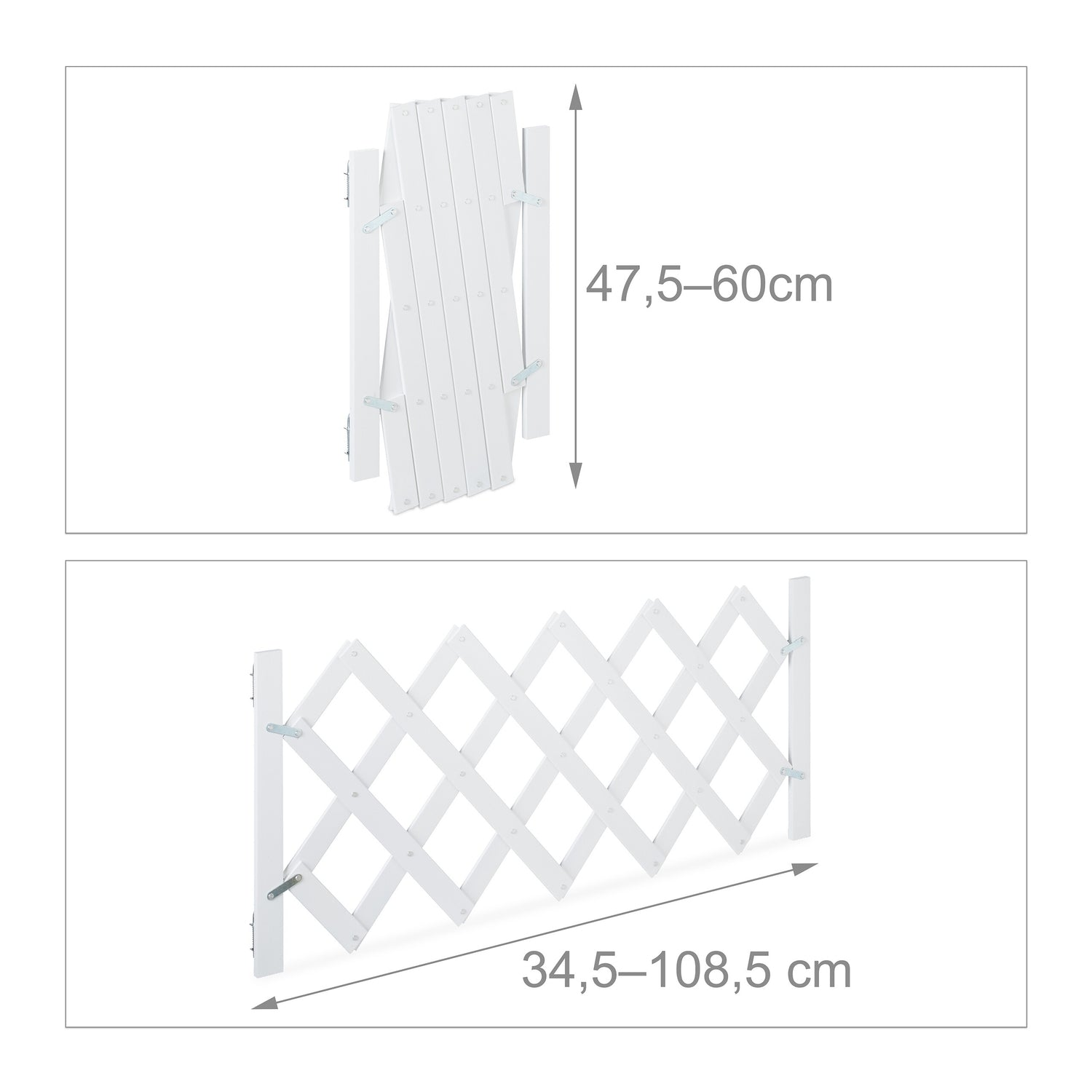 Una barrera blanca plegable en dos tamaños: 47,5-60cm y 34,5-108,5cm.