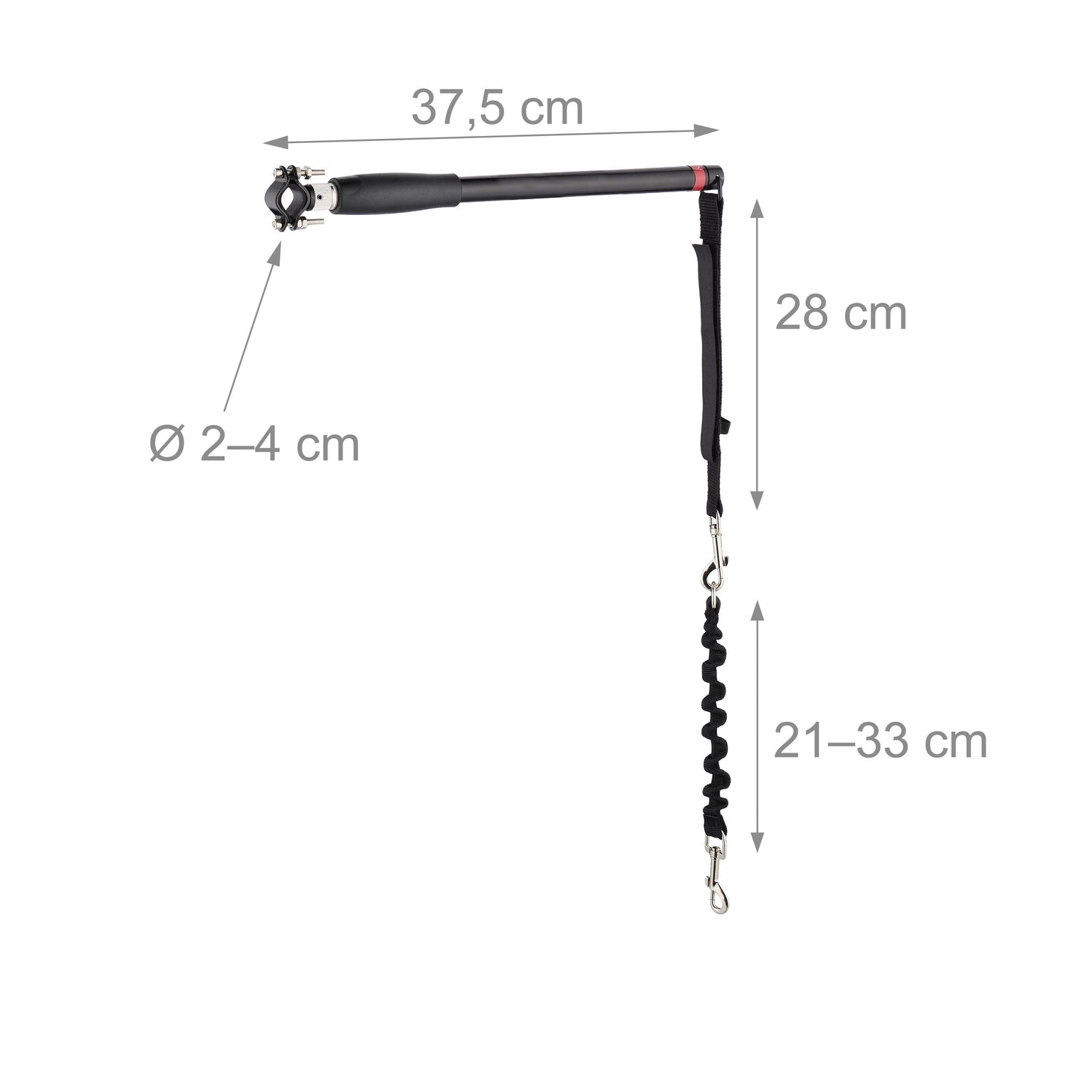 Un brazo negro con abrazadera, indicadores de longitud: 37,5 cm, 28 cm y 21-33 cm.