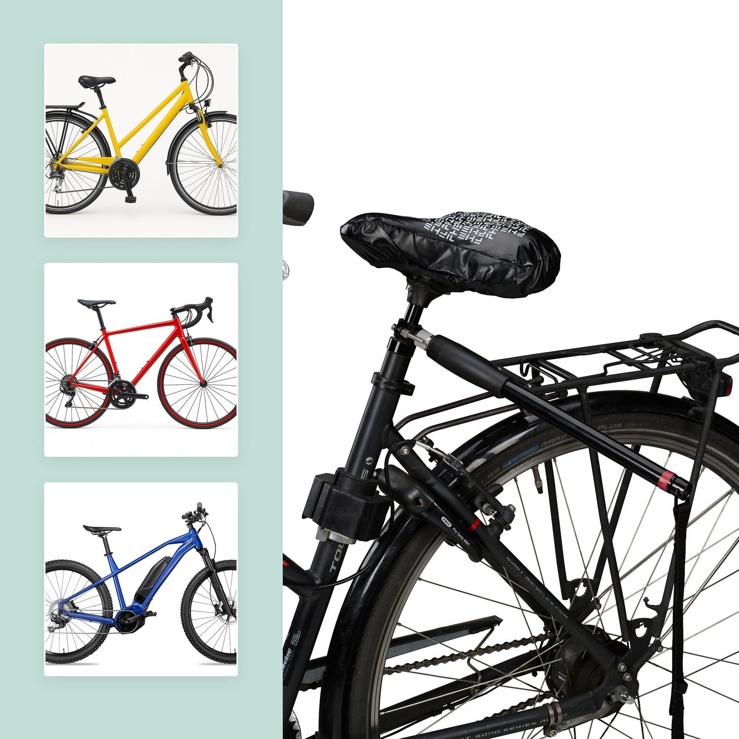Tres bicicletas: bici amarilla, bici de carreras roja, e-MTB azul.