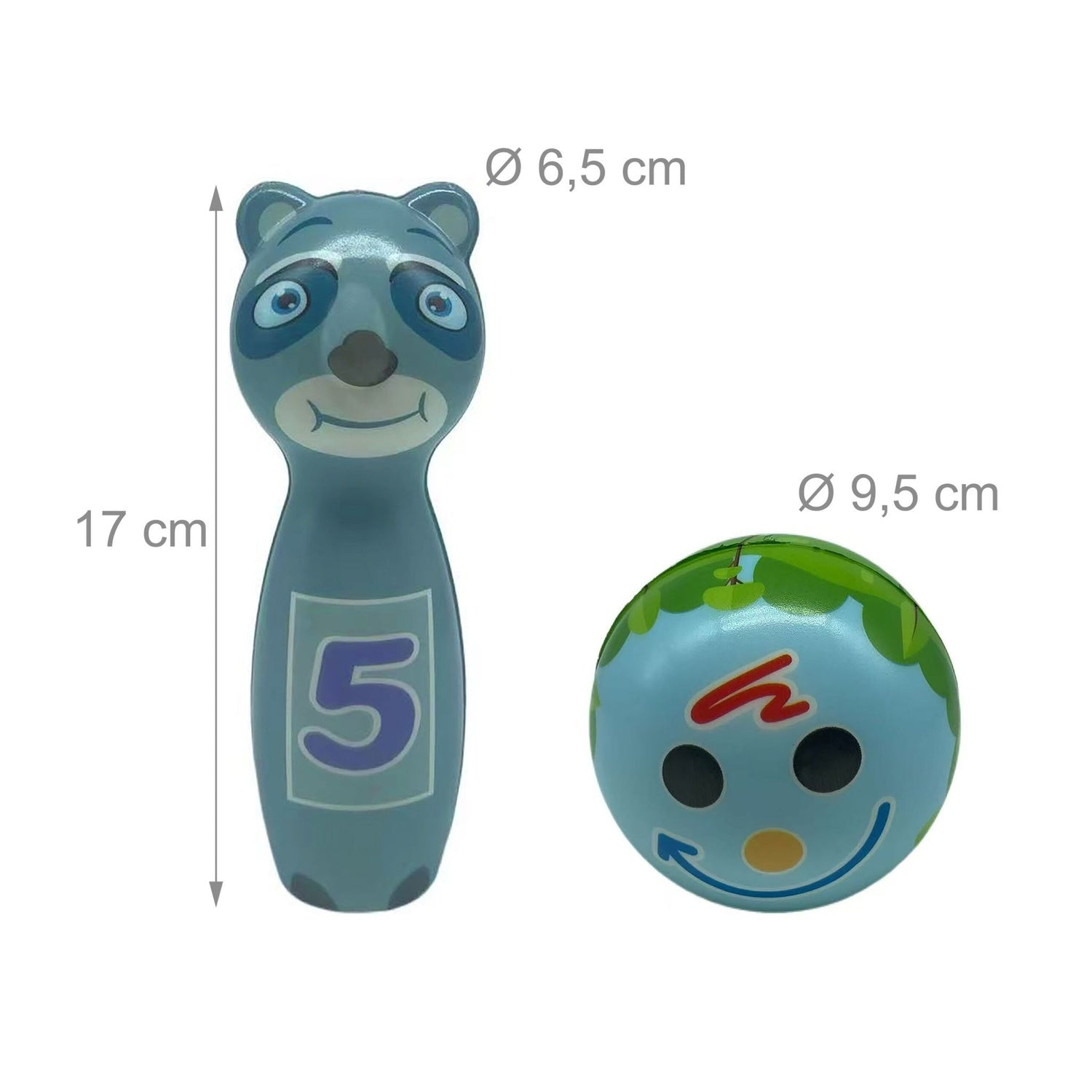 Un pin de bolos de juguete azul con el número 5 y una pelota con cara.
