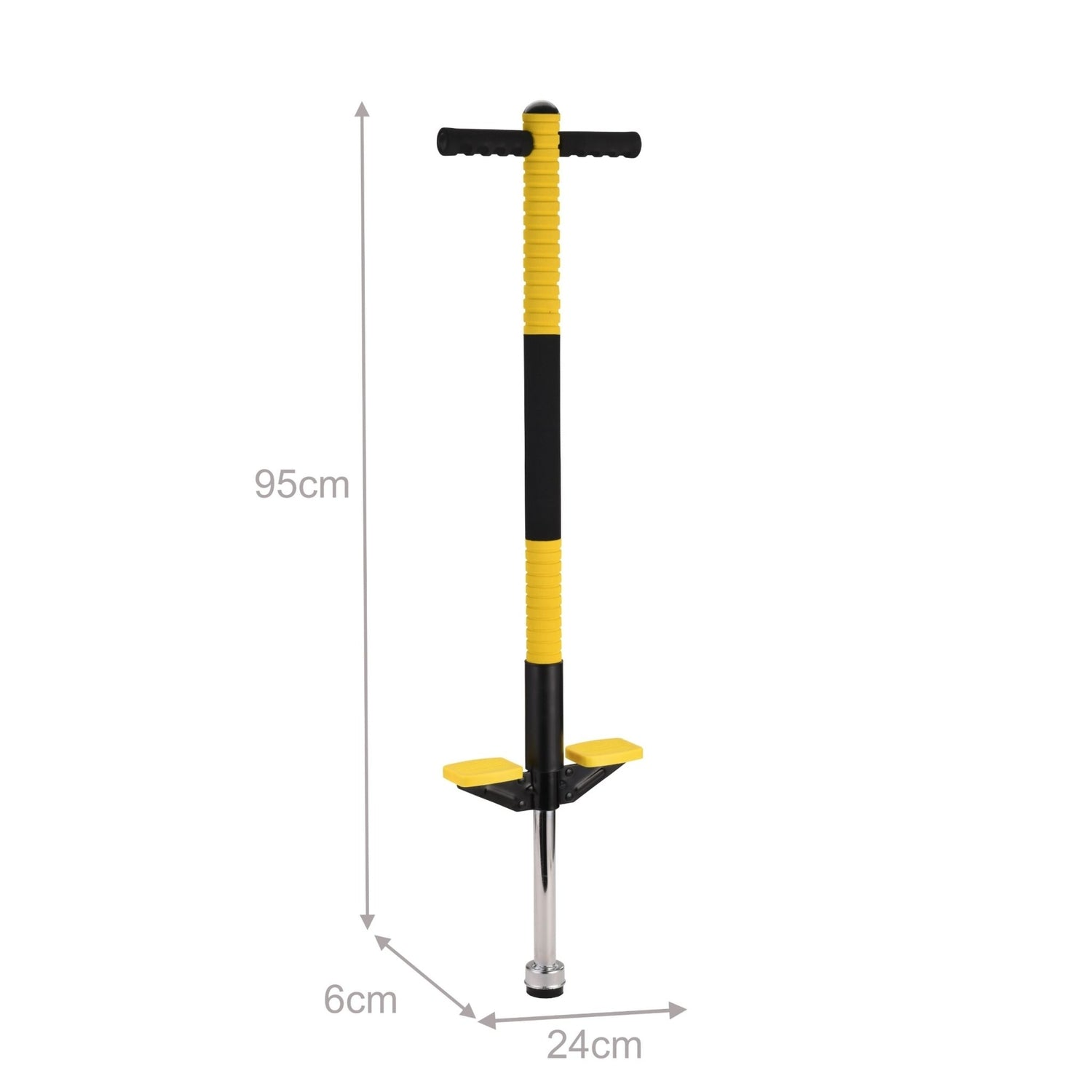 Un Pogo stick amarillo y negro con reposapiés y mango.