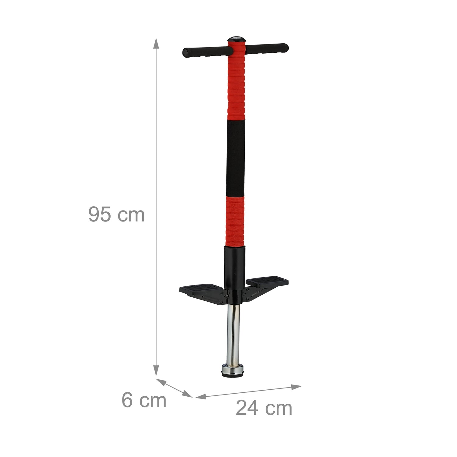 Un pogo stick rojo y negro con mangos, reposapiés y medidas mostradas.