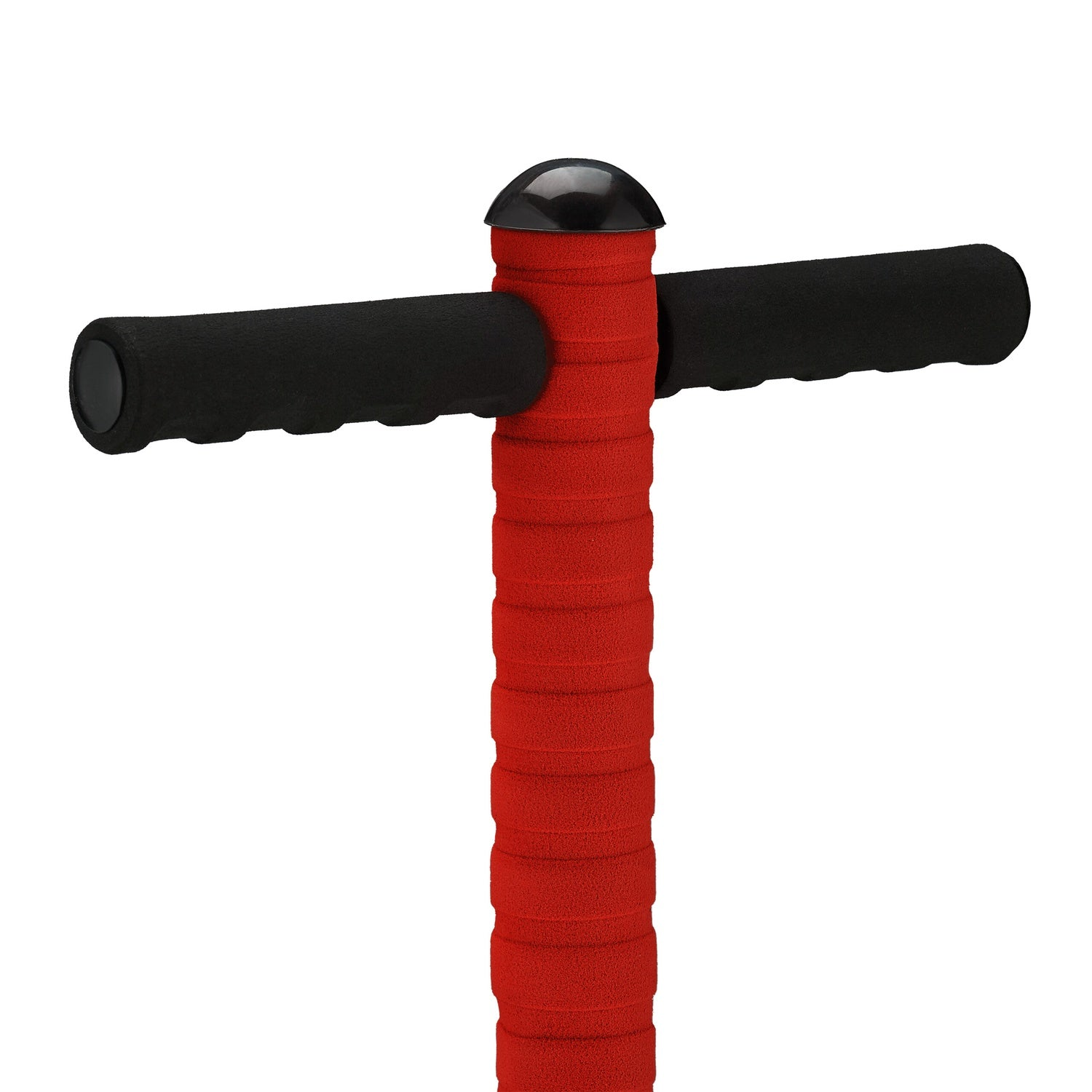 Mango roja de pogo stick con agarres de espuma negra. Aislado.