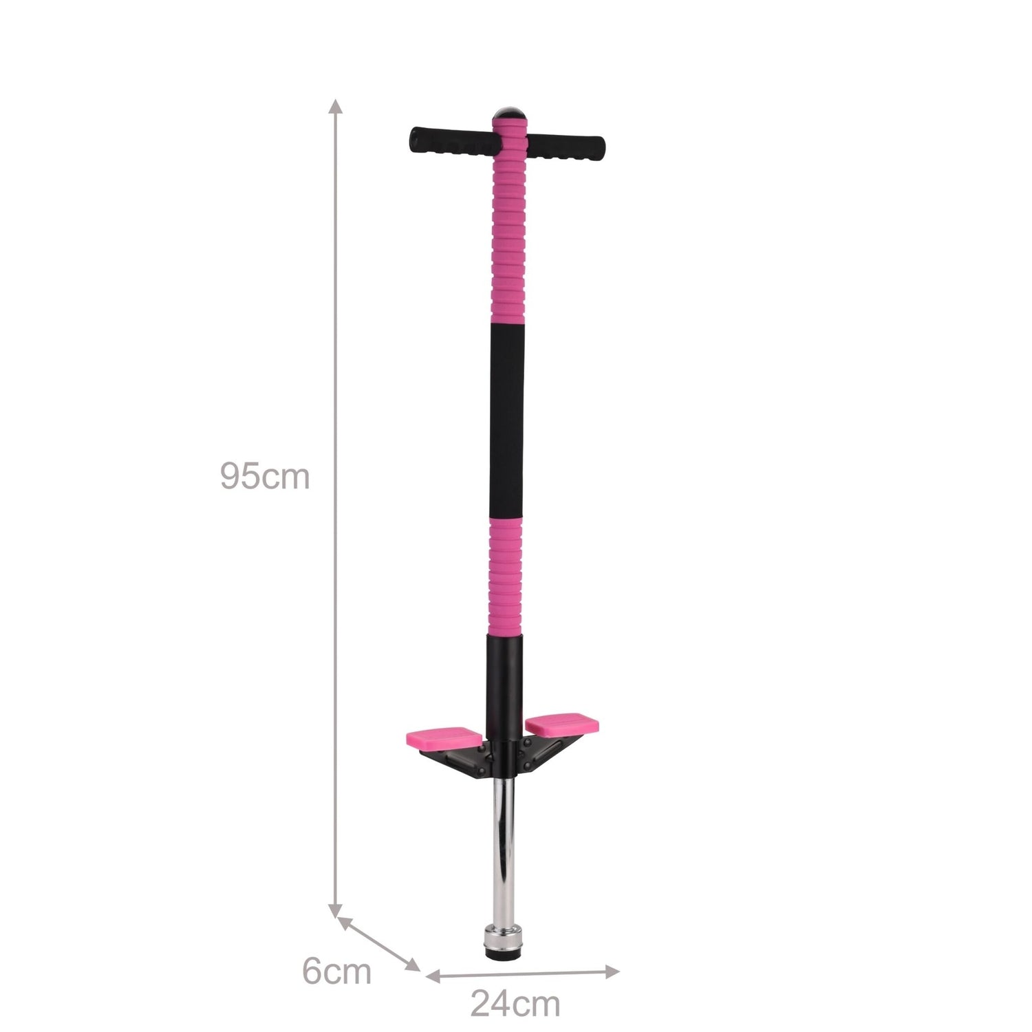 Un pogo stick rosa y negro con reposapiés y mangos plateados.