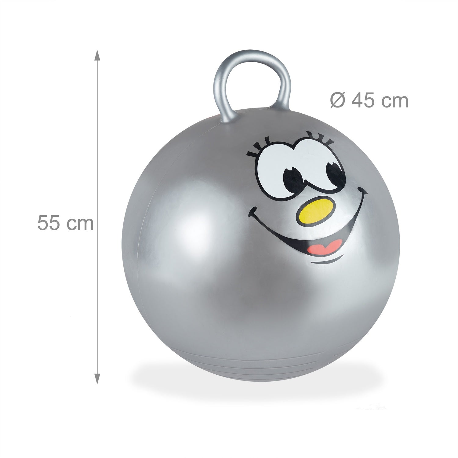 Pelota saltarina plateada con cara, 55 cm de alto, 45 cm de diámetro.