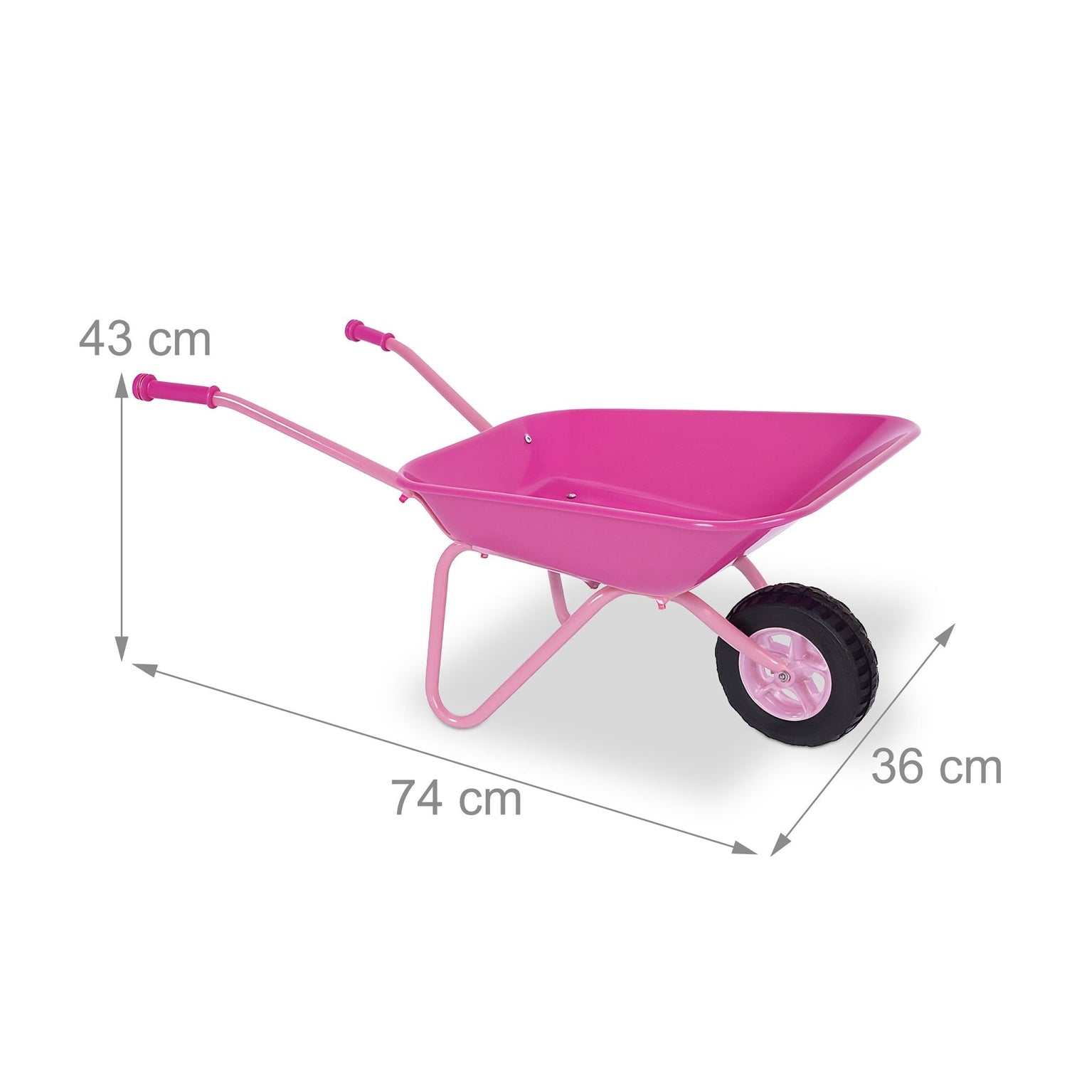 Carretilla rosa infantil con rueda negra y dimensiones.