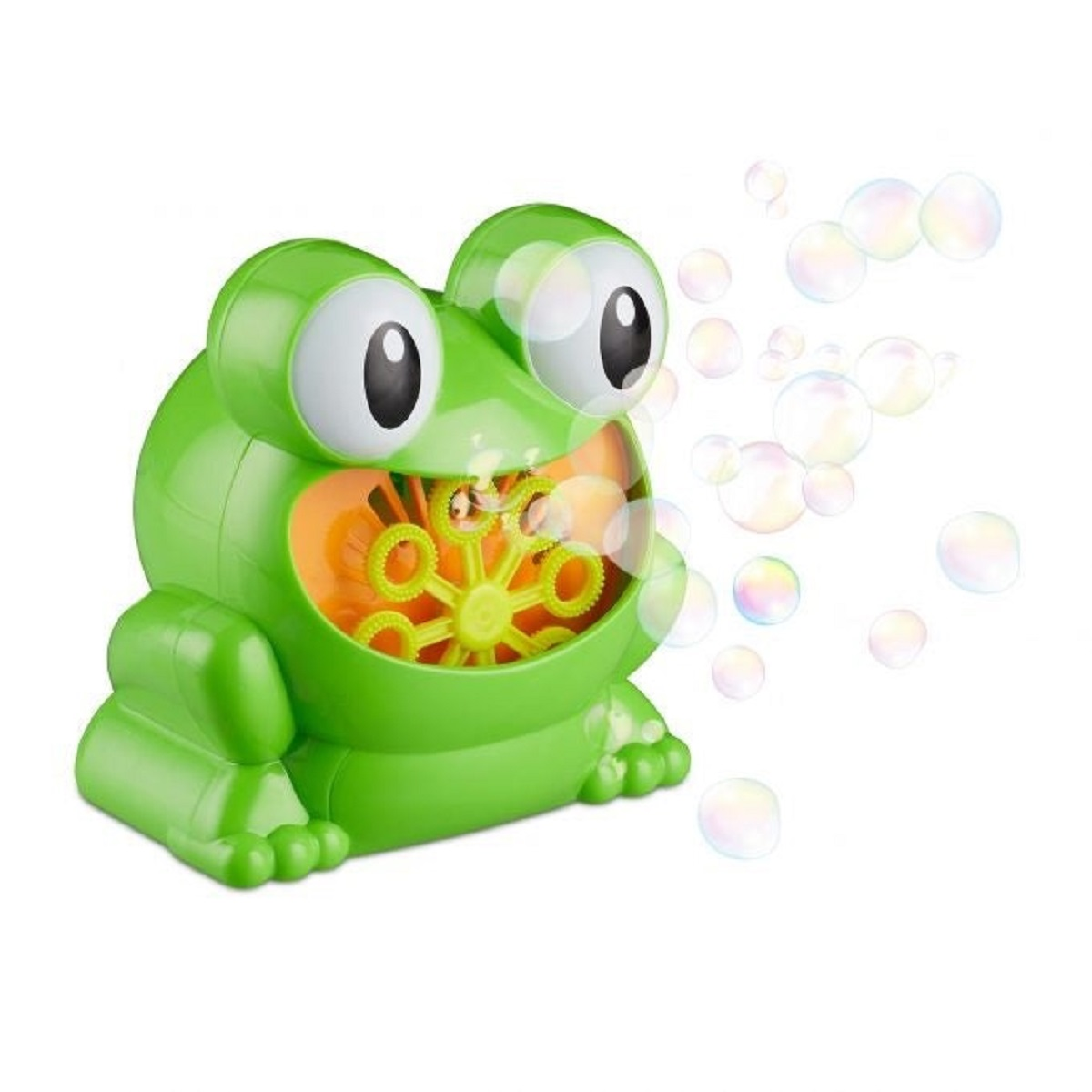 Máquina de burbujas verde con forma de rana, rotor amarillo crea burbujas.