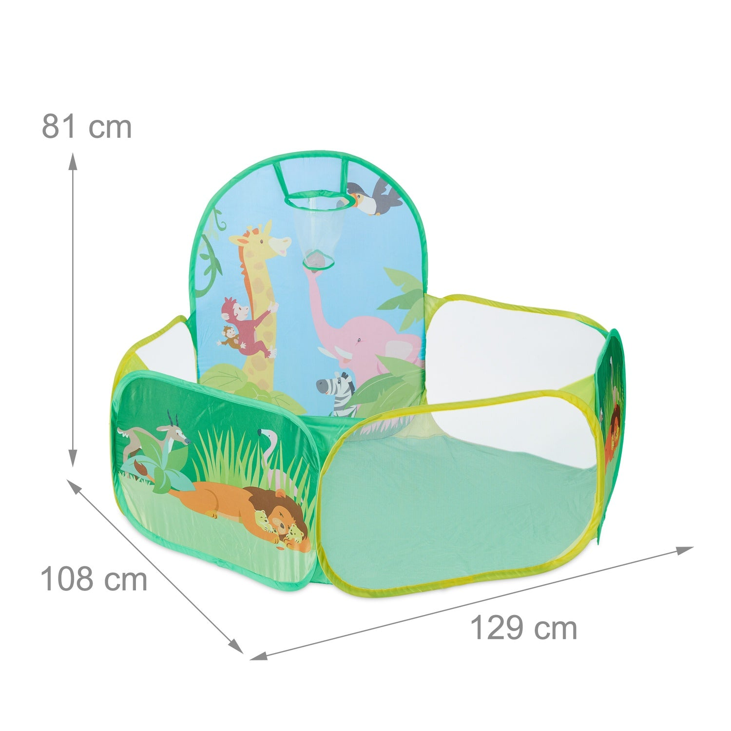 Una carpa de juego colorida con animales de la selva y canasta. Se muestran dimensiones.