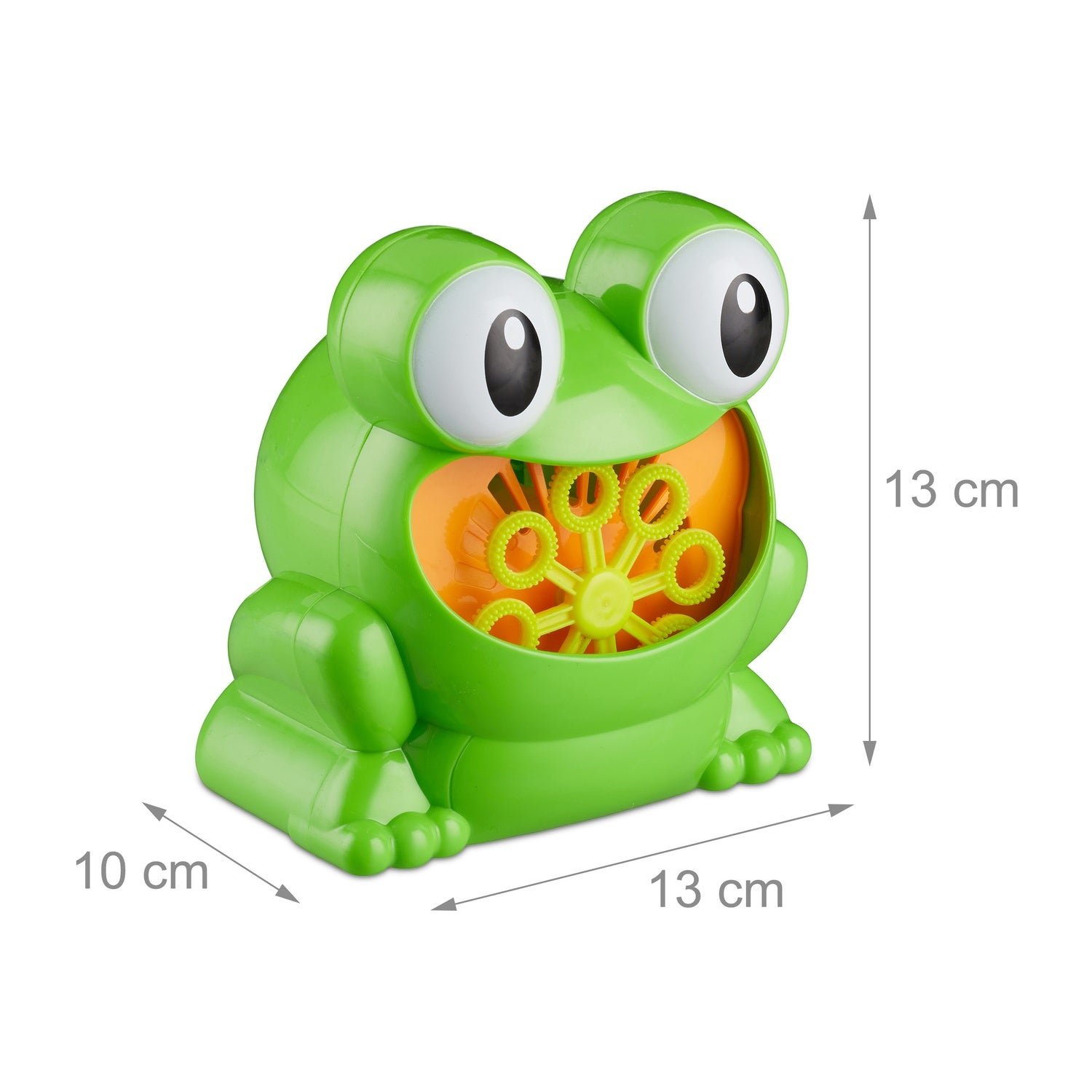 Máquina de burbujas verde con forma de rana, interior naranja y anillos amarillos.