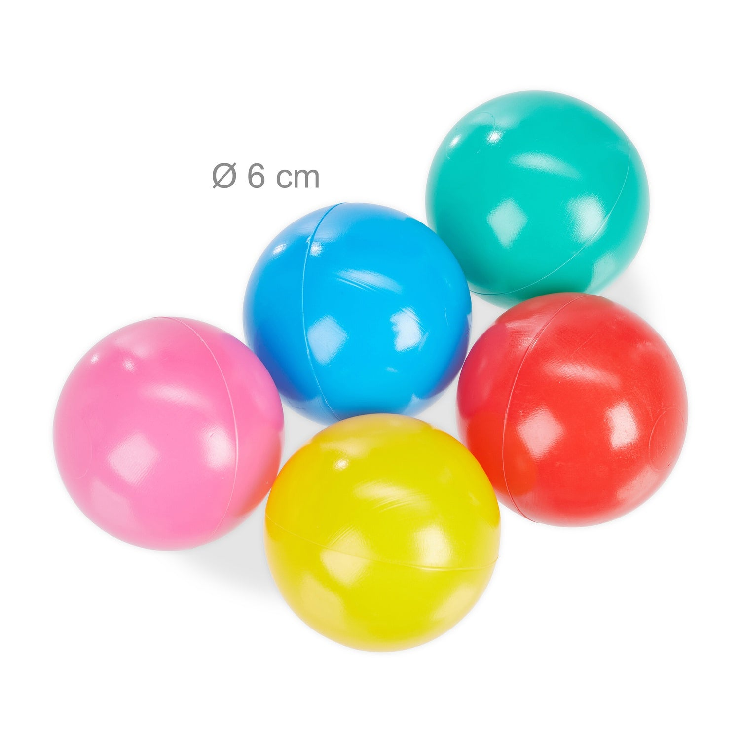 Cinco pelotas de colores rojo, azul, amarillo, rosa y turquesa. Diámetro 6 cm.