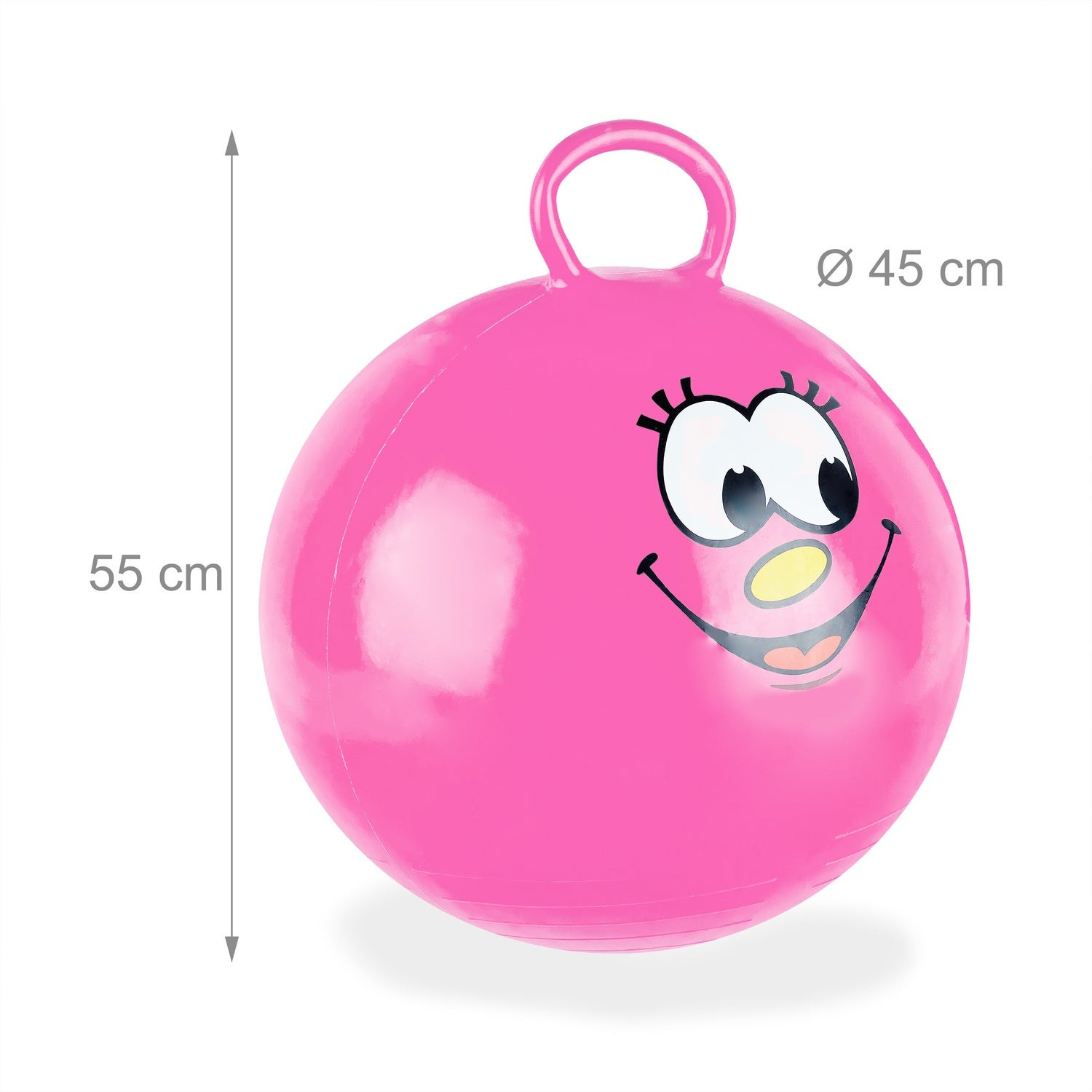 Pelota saltarina rosa con cara, 45cm diámetro, 55cm altura.