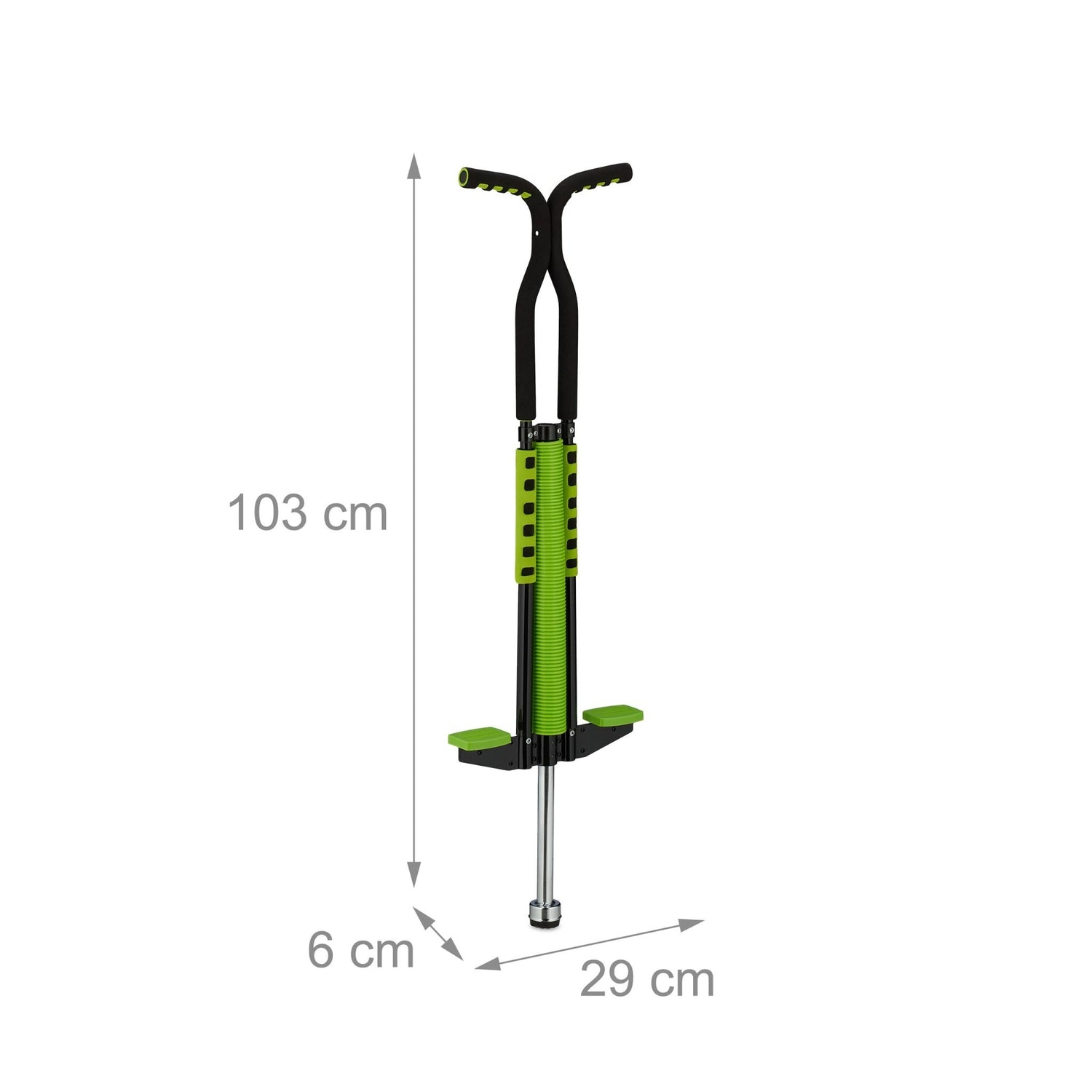 Un pogo stick verde y negro, mide 103cm alto, 6cm ancho y 29cm largo.