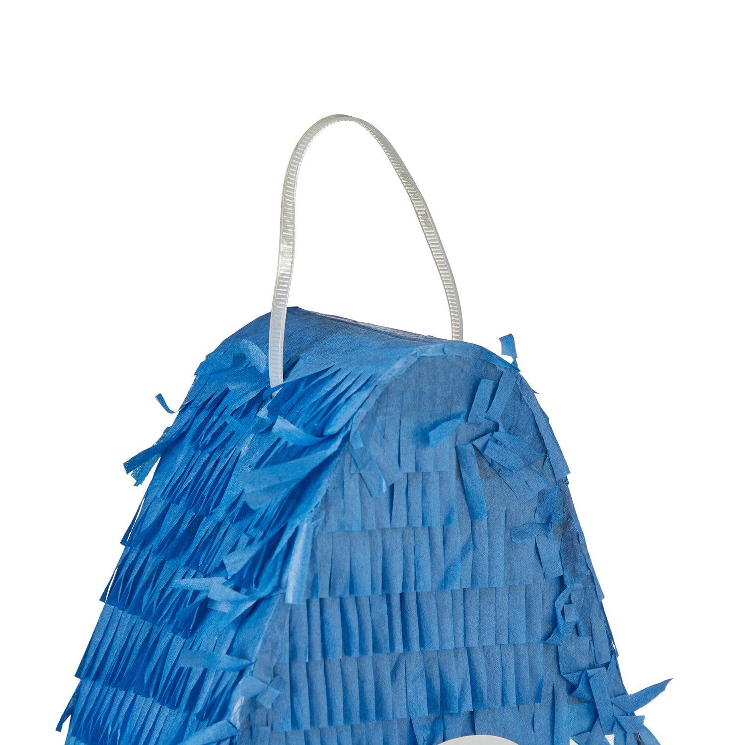 Una piñata azul con flecos y una asa de bucle.