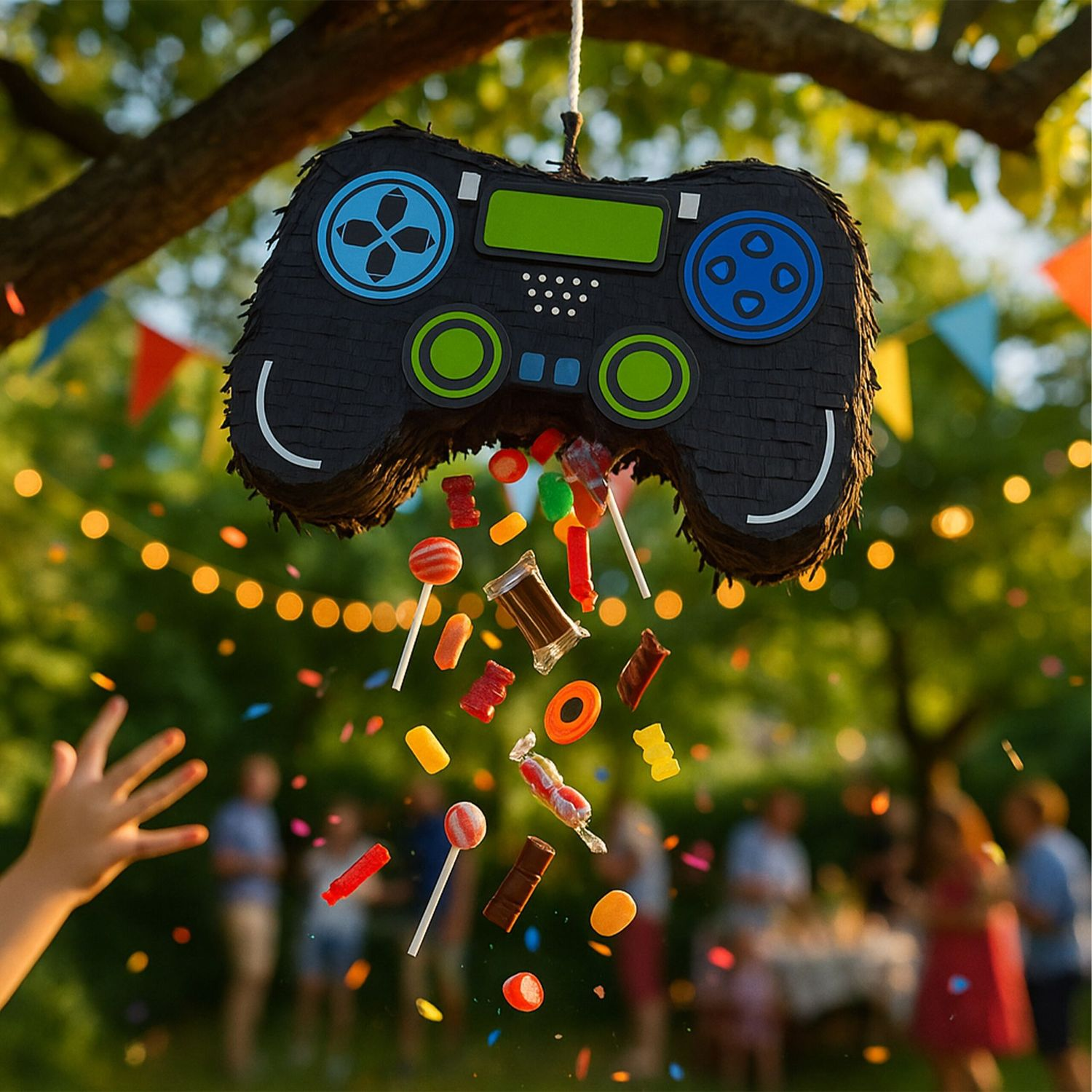 Una piñata con forma de mando suelta dulces y confeti en una fiesta.