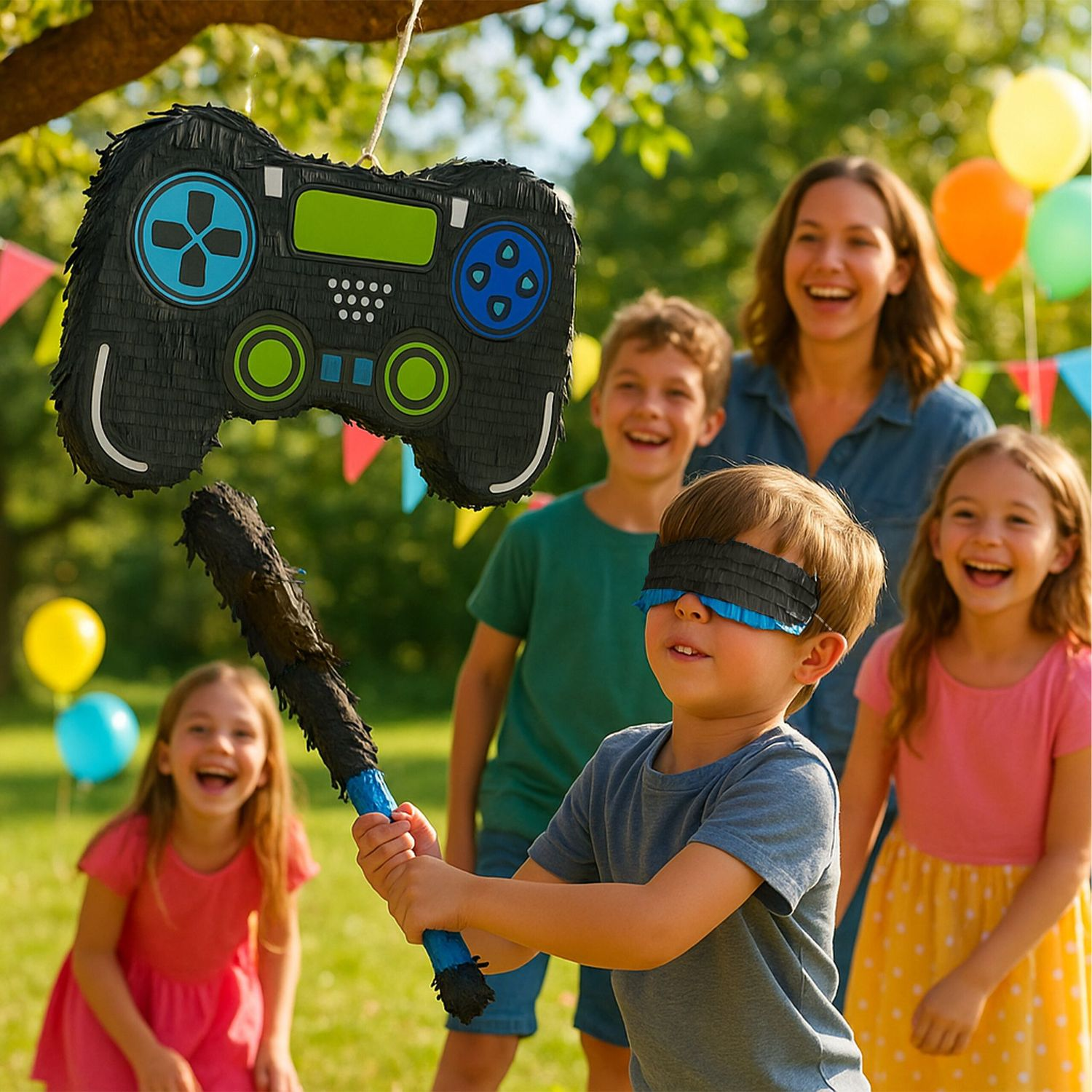 Un niño con los ojos vendados golpea una piñata de mando de videojuegos en una fiesta al aire libre.