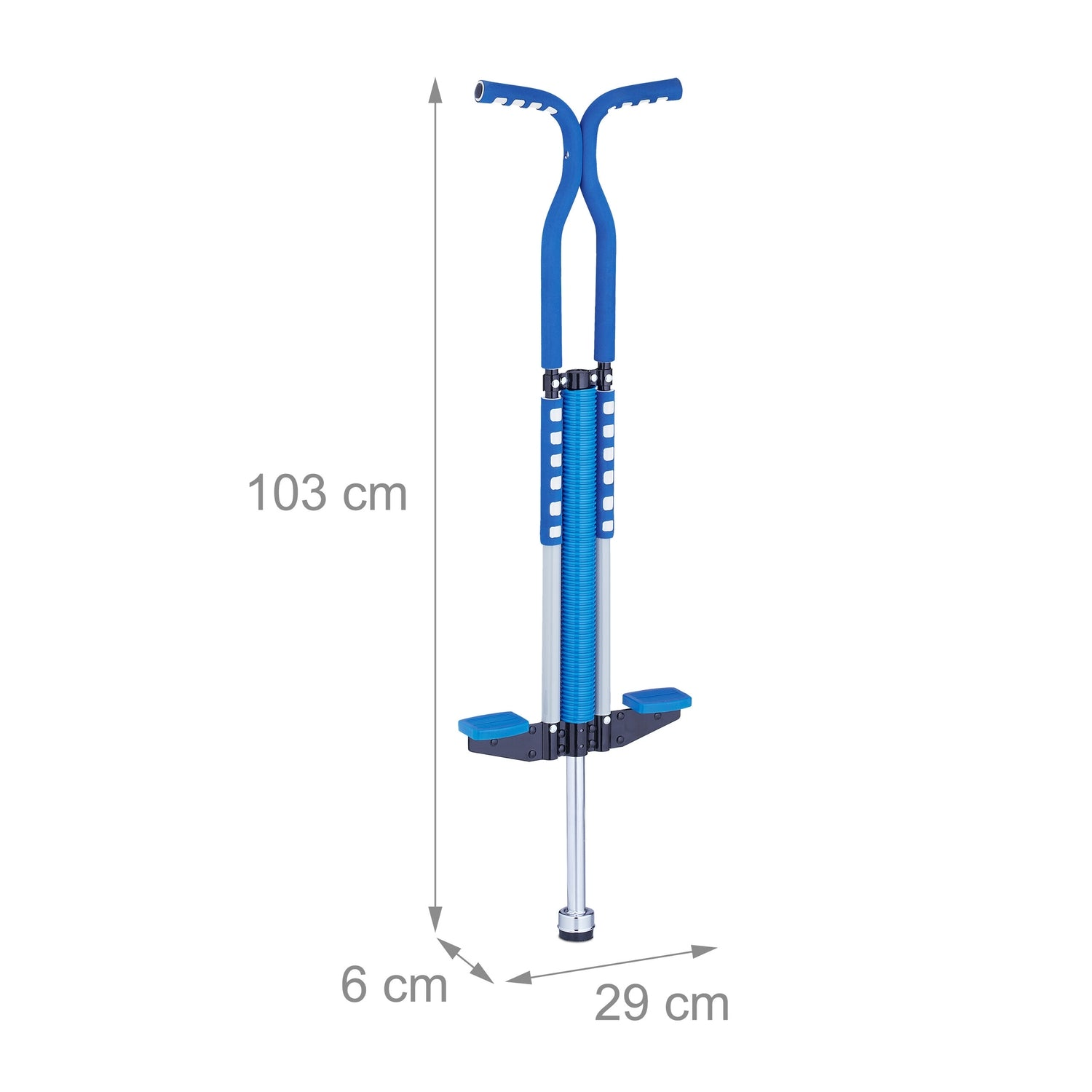 Un pogo stick azul con detalles plateados y dimensiones.