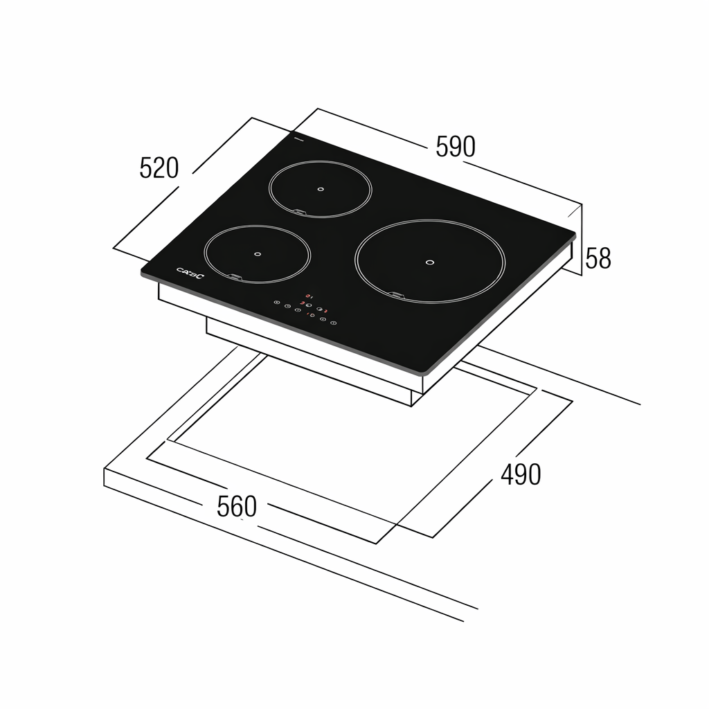 Placa de inducción negra con tres zonas de cocción y controles digitales. Se muestran las dimensiones.