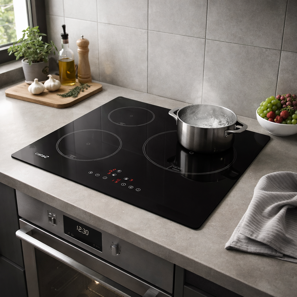 Una olla hierve en una vitrocerámica de inducción negra con pantalla digital roja.