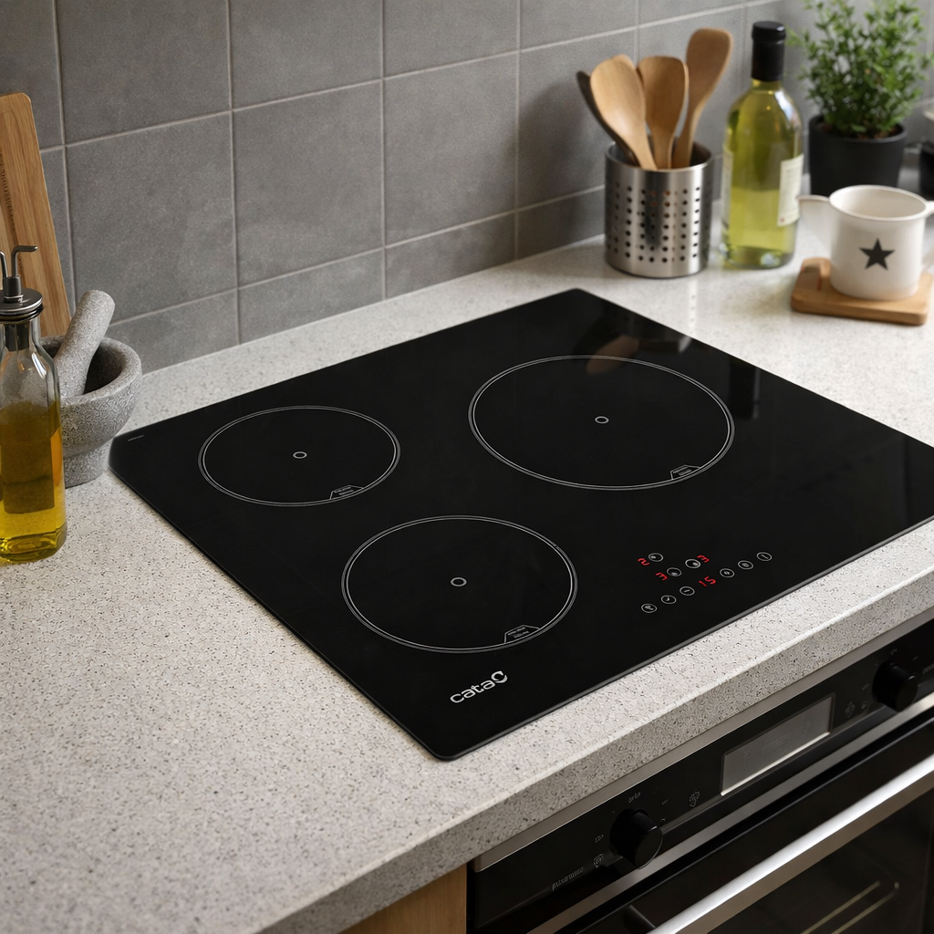 Placa de inducción negra con tres zonas de cocción y panel de control.