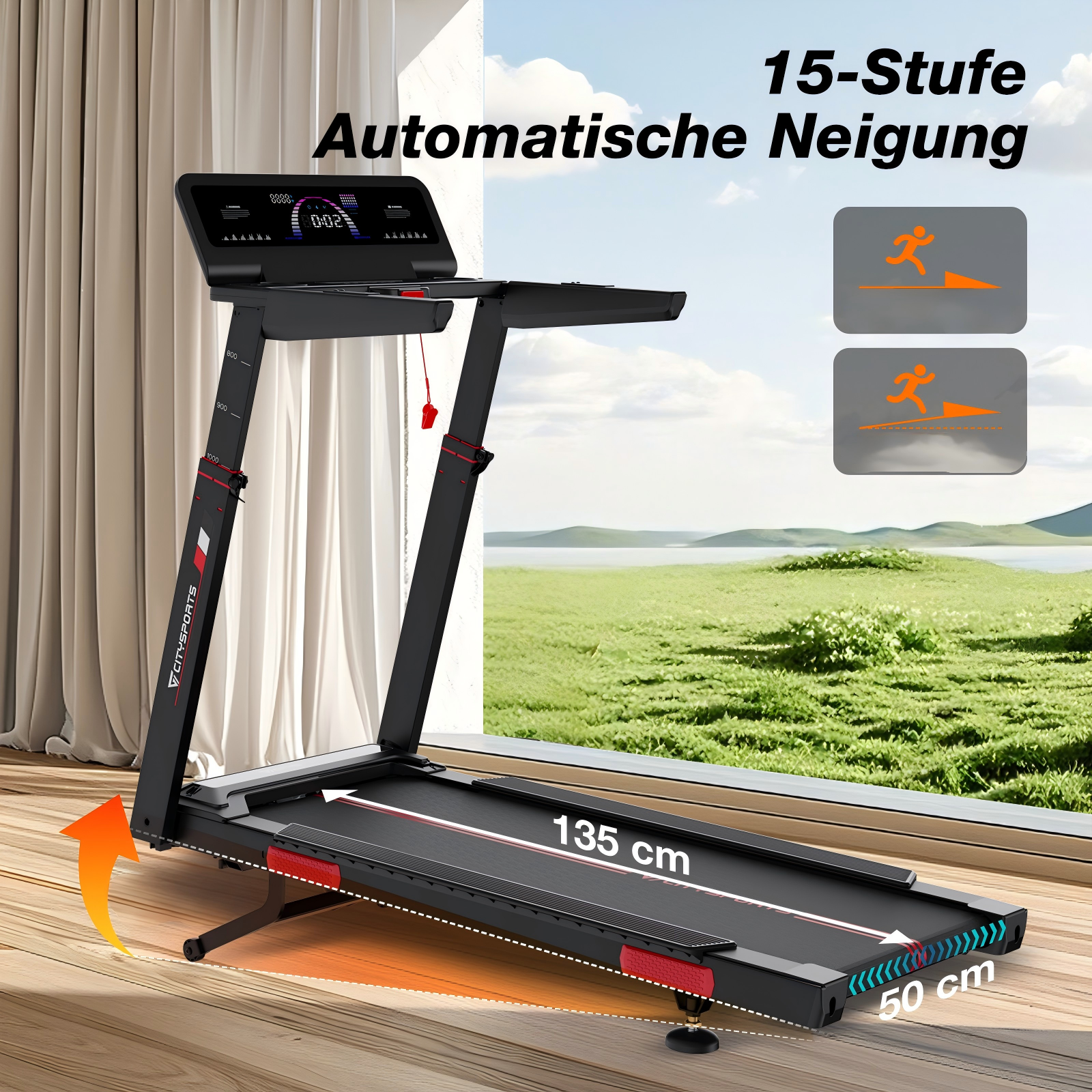 Schwarzes Laufband mit Steigungsanzeige und 135cm Laufbandlänge.