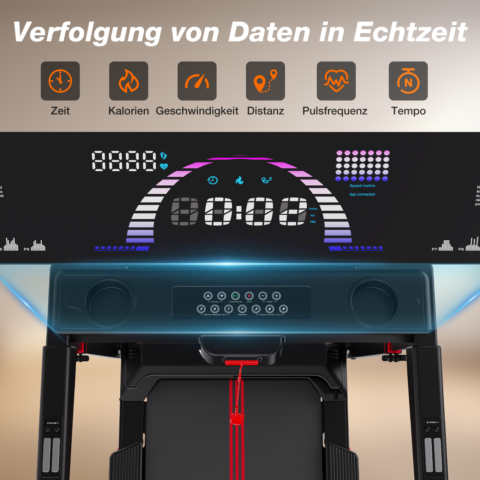 Treadmill display shows '00:02' time, speed, distance, calories, heart rate.
