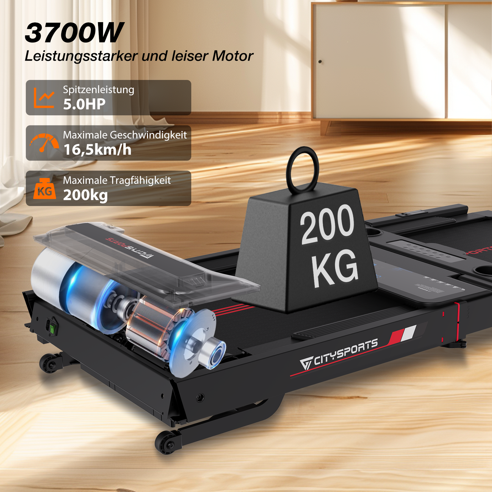 Ein schwarzes Laufband mit sichtbarem Motor und einem 200-kg-Gewicht.