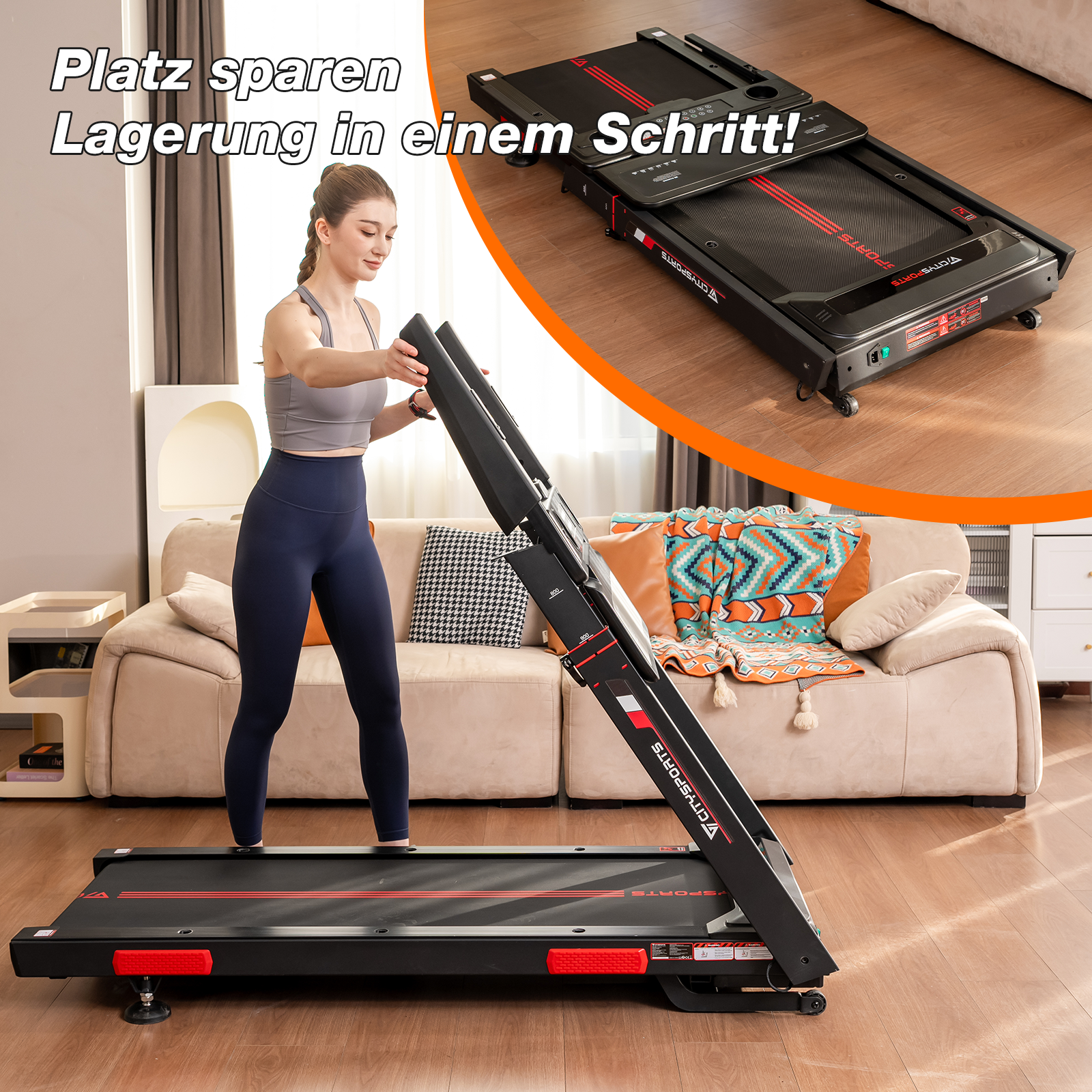 Frau stellt Laufband auf, das faltbar ist. Ein inset zeigt das zusammengeklappte Laufband.