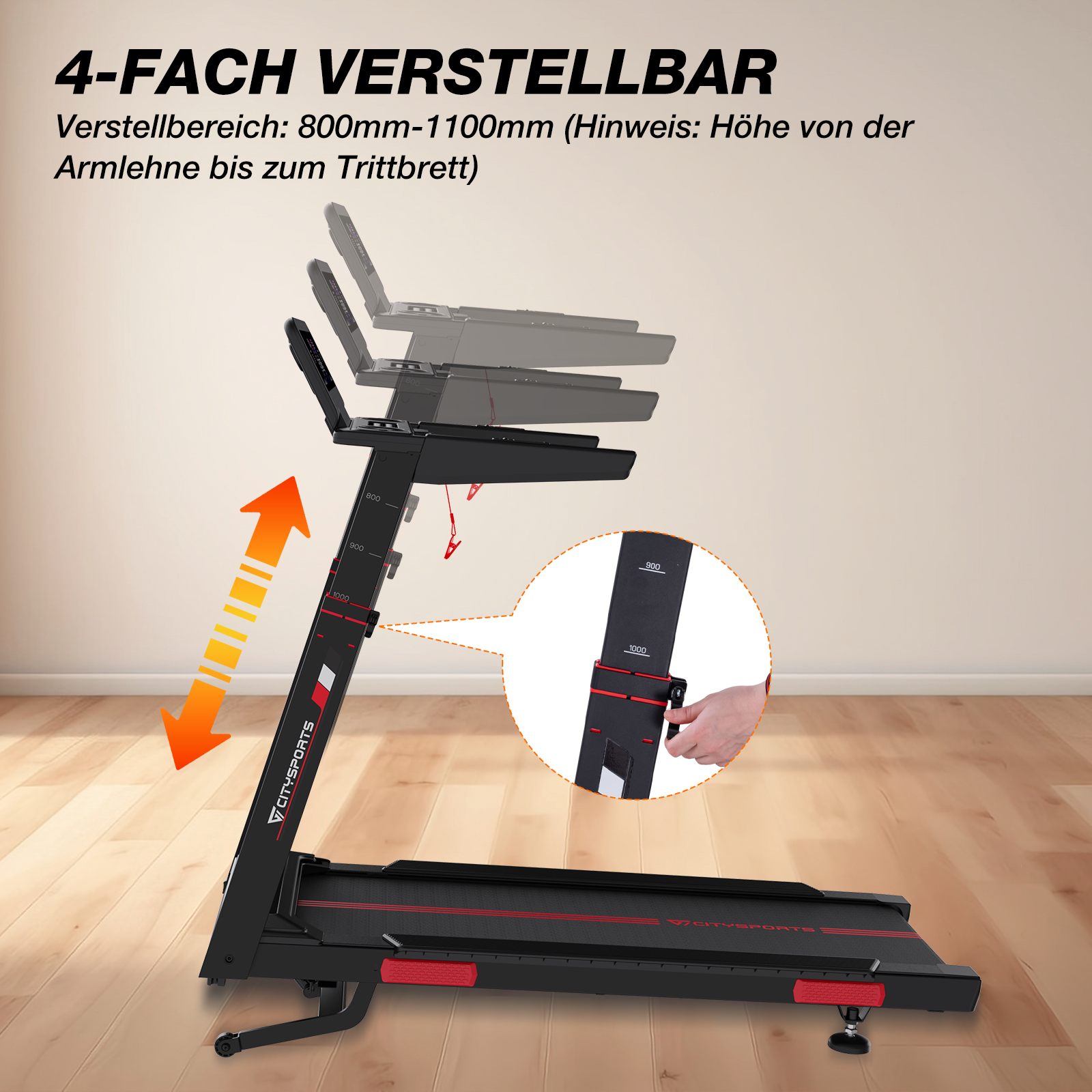 Schwarzer Laufband mit verstellbarem Griff und Anzeige von 800-1000mm.