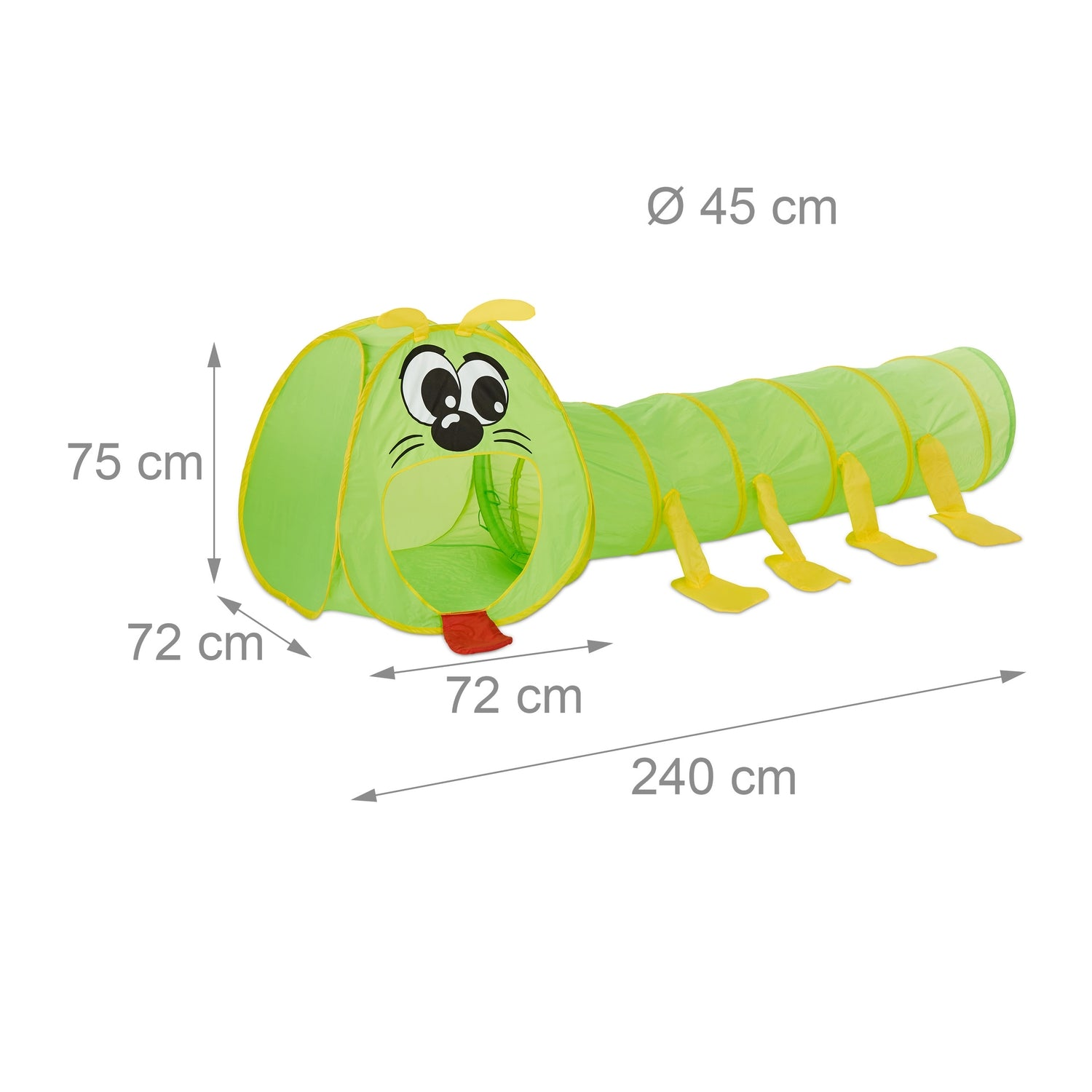 Tienda túnel de juego verde con forma de oruga y pies amarillos.