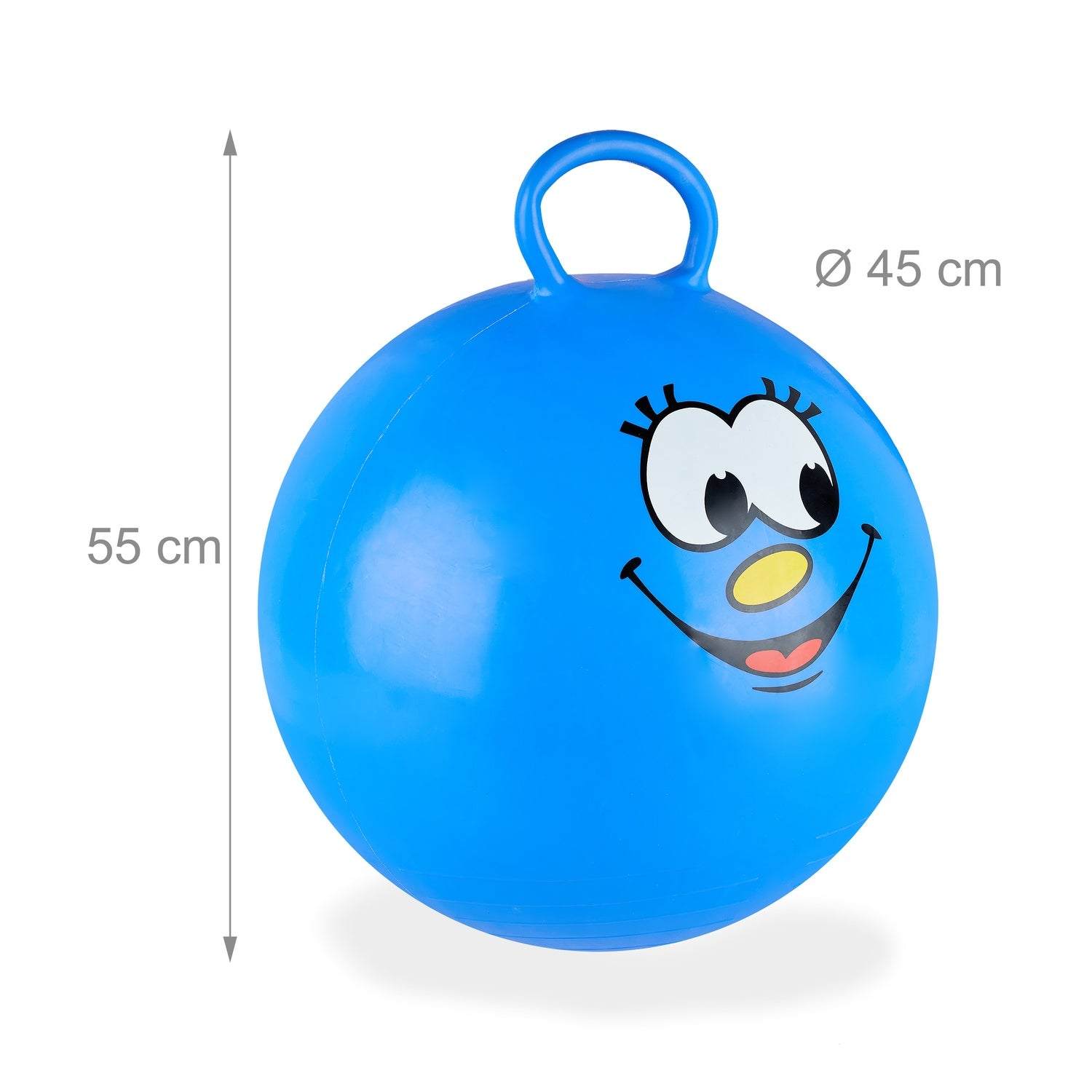 Pelota saltarina azul con cara sonriente. Diámetro 45cm, Altura 55cm.