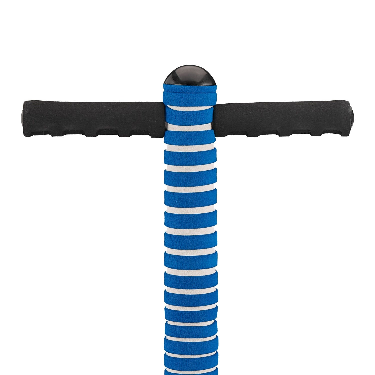 Mango a rayas azul y blanco de un juguete con empuñadura negra.