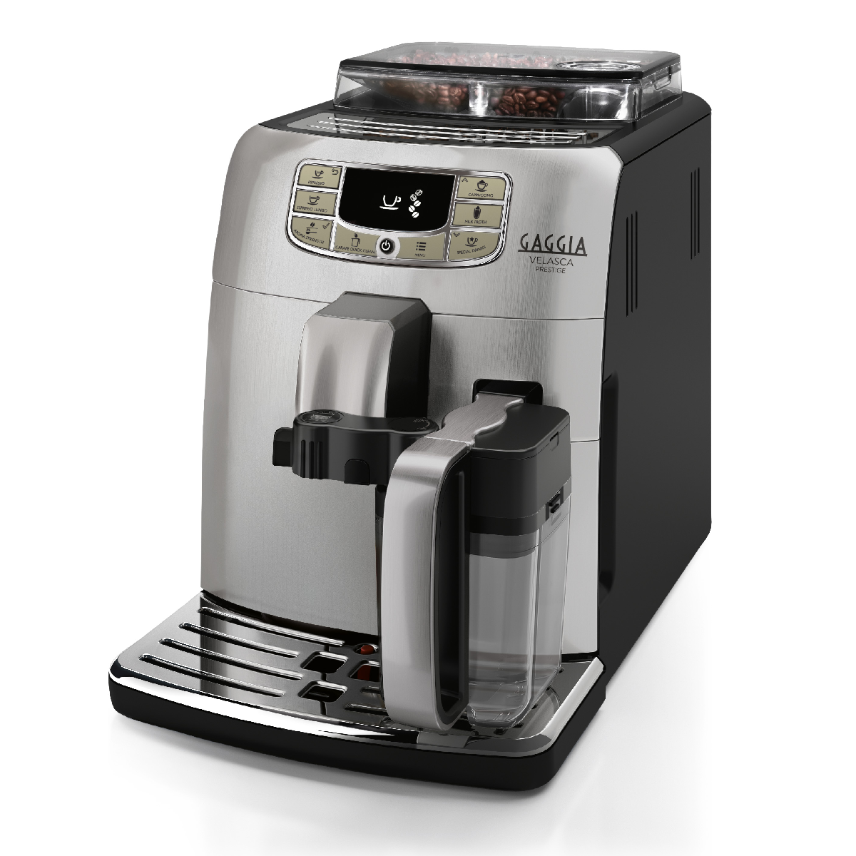Een zilveren en zwarte volautomatische koffiemachine met koffiebonen in de bovenste hopper.