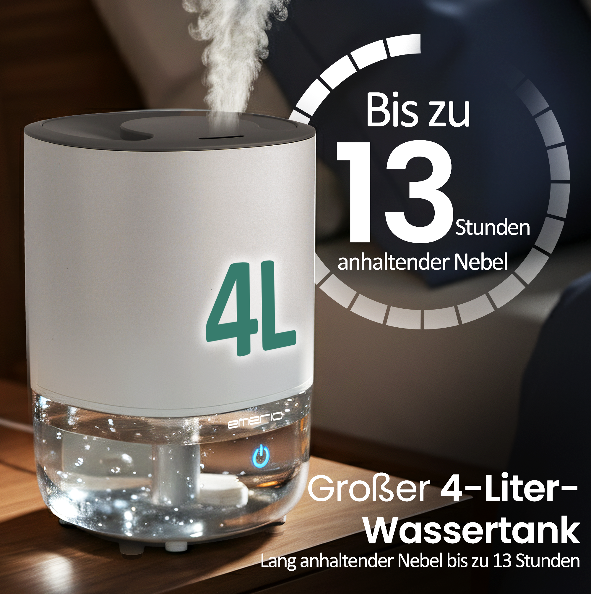 Ein weißer Luftbefeuchter mit 4L Tank und Nebelausstoß. Beschriftung 