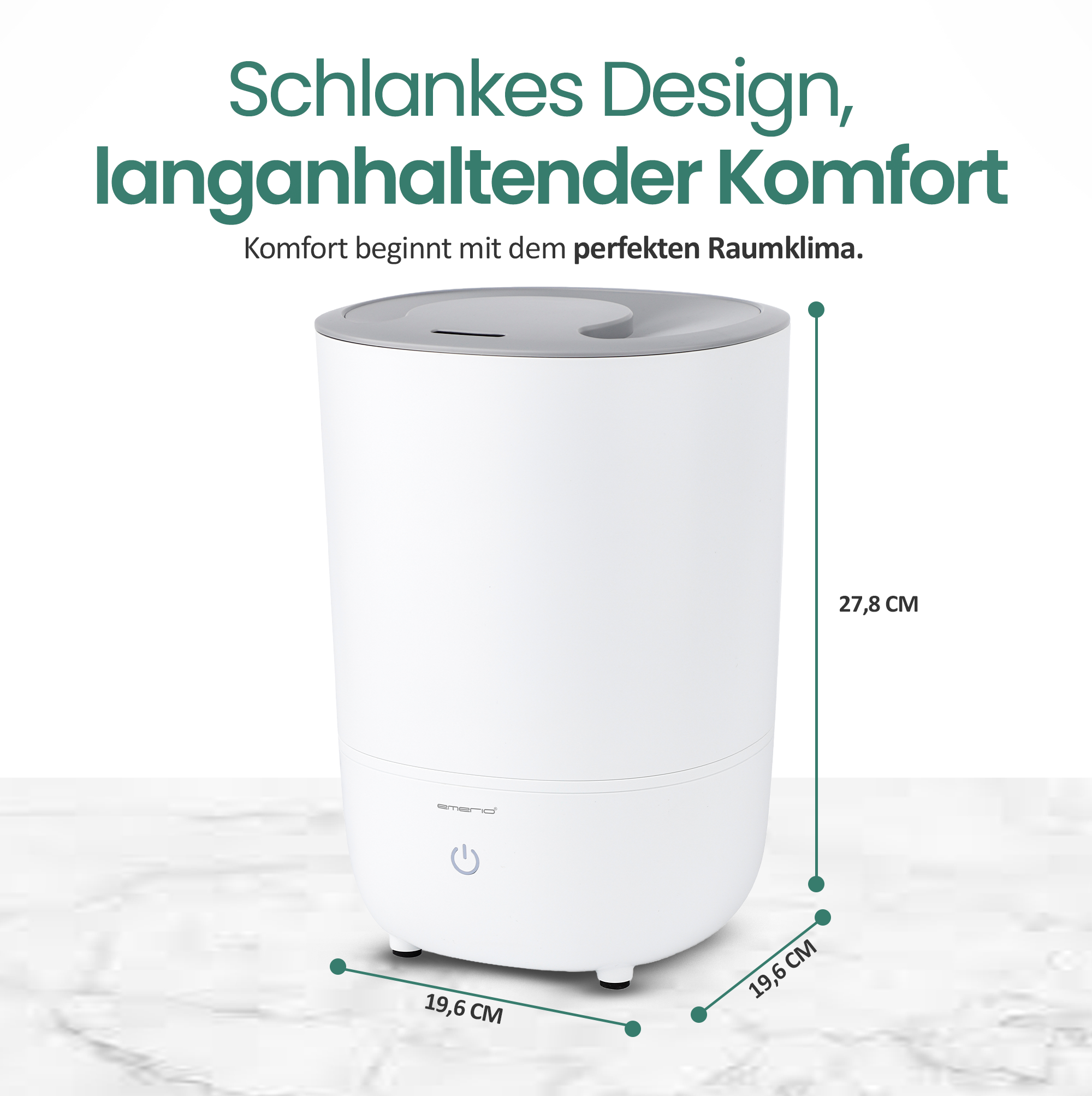 Ein weißer Luftbefeuchter mit grauem Deckel auf Marmoruntergrund.