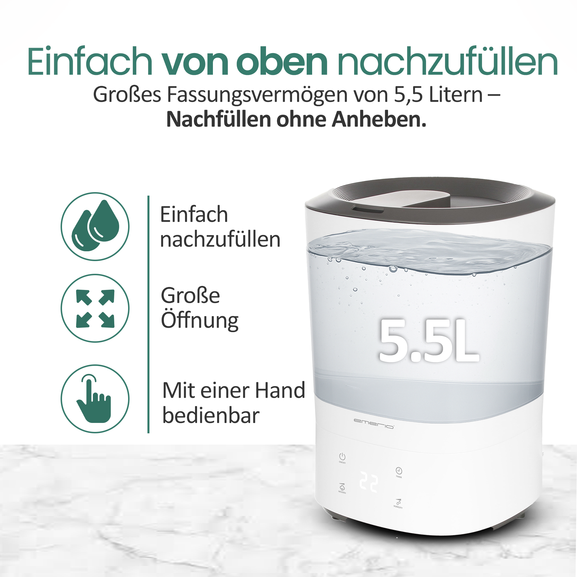 Ein weißer Luftbefeuchter mit 5,5L Fassungsvermögen und Bedienfeld.