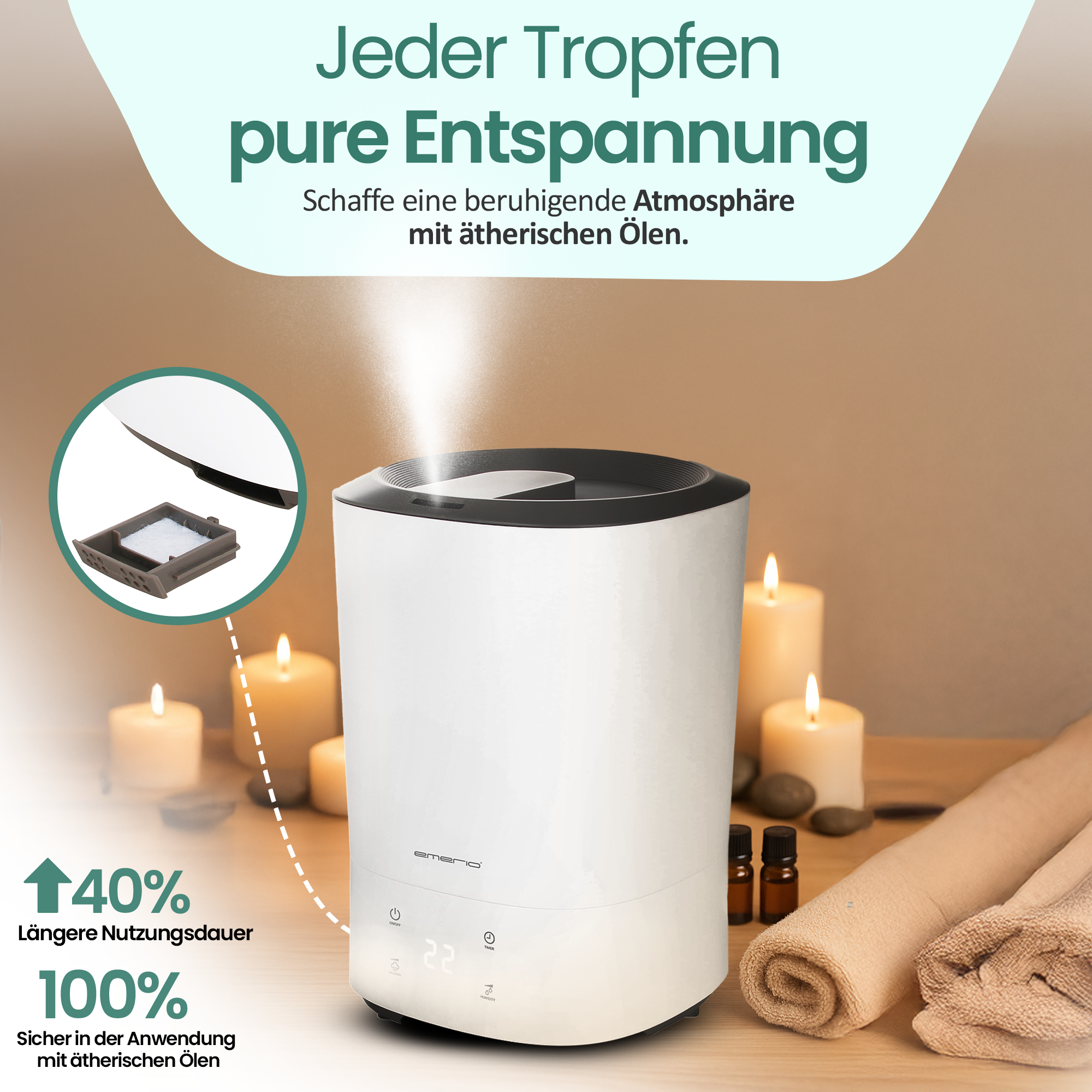 Ein weißer Diffusor gibt Dampf ab, umgeben von Kerzen, Ölen und Handtüchern.