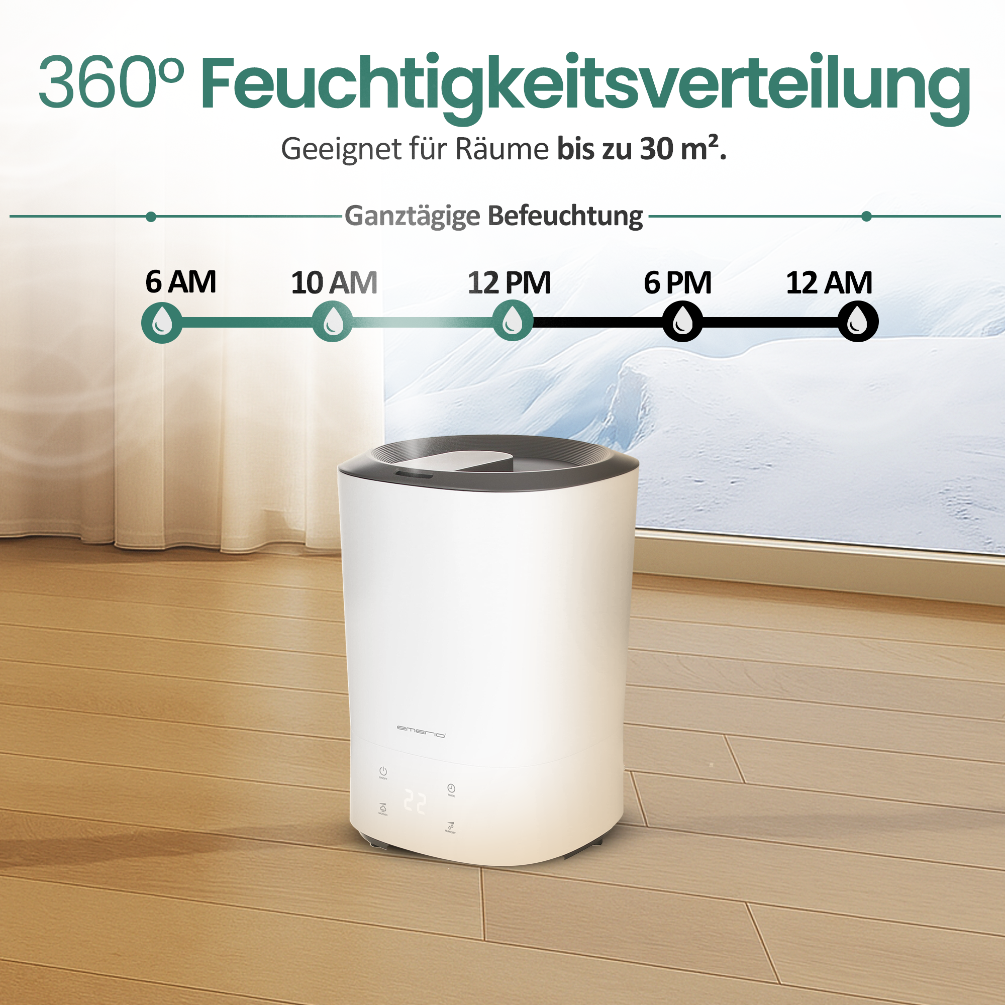 Ein weißer Luftbefeuchter steht auf einem Holzboden, mit Zeitangaben und Nebel.