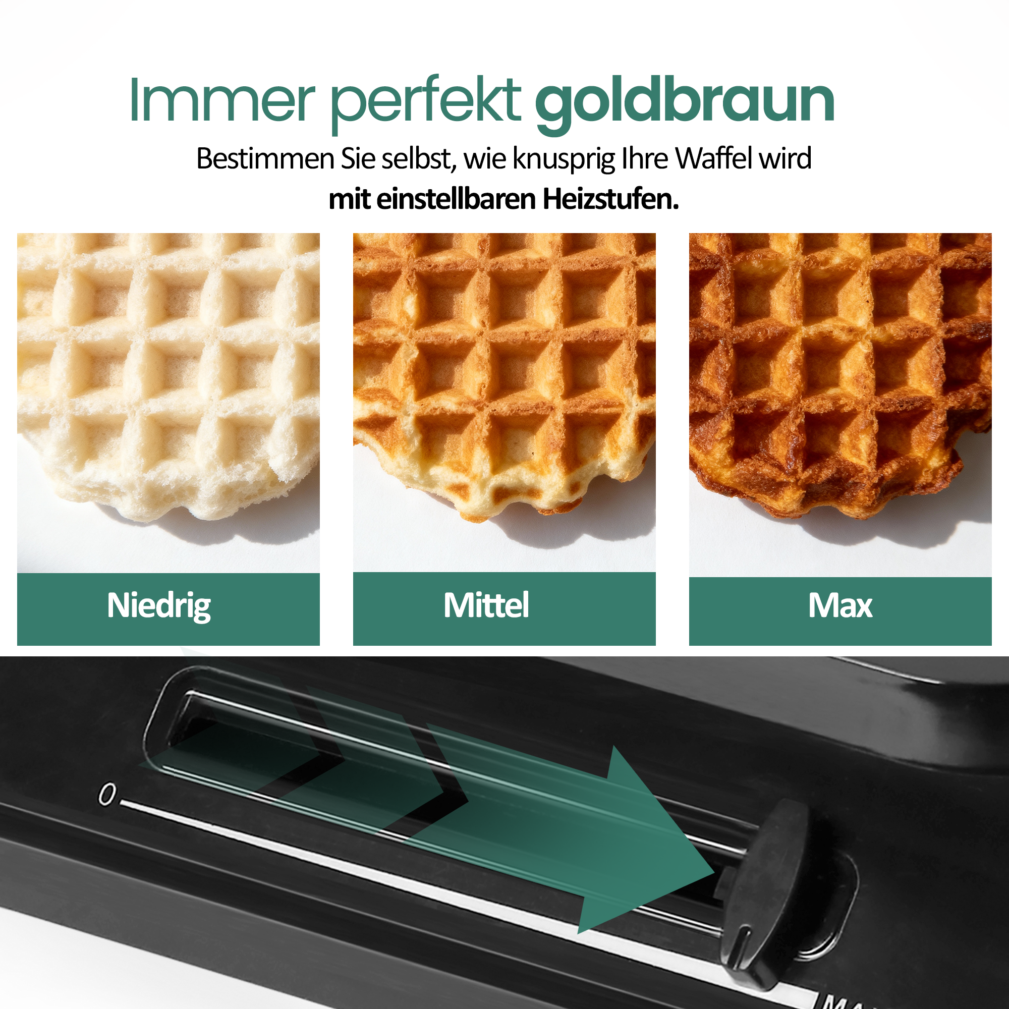Drei Waffeln zeigen verschiedene Bräunungsgrade von blass bis dunkel.