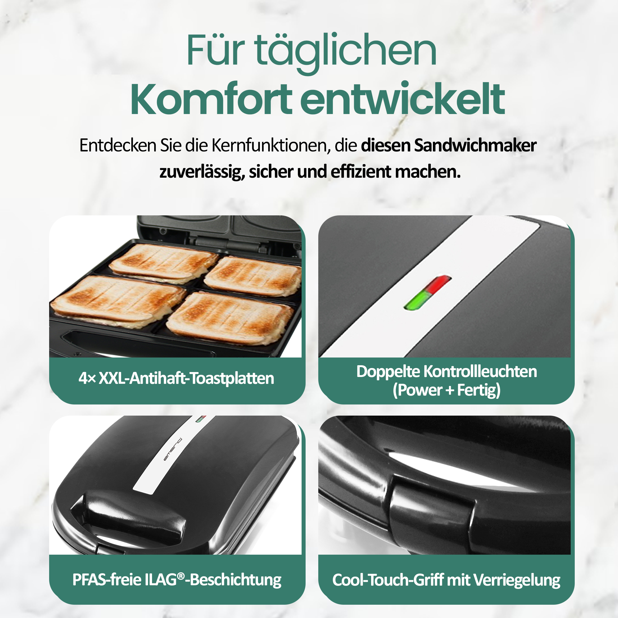 Sandwichmaker mit vier Toastplatten, Kontrollleuchten, Cool-Touch-Griff.