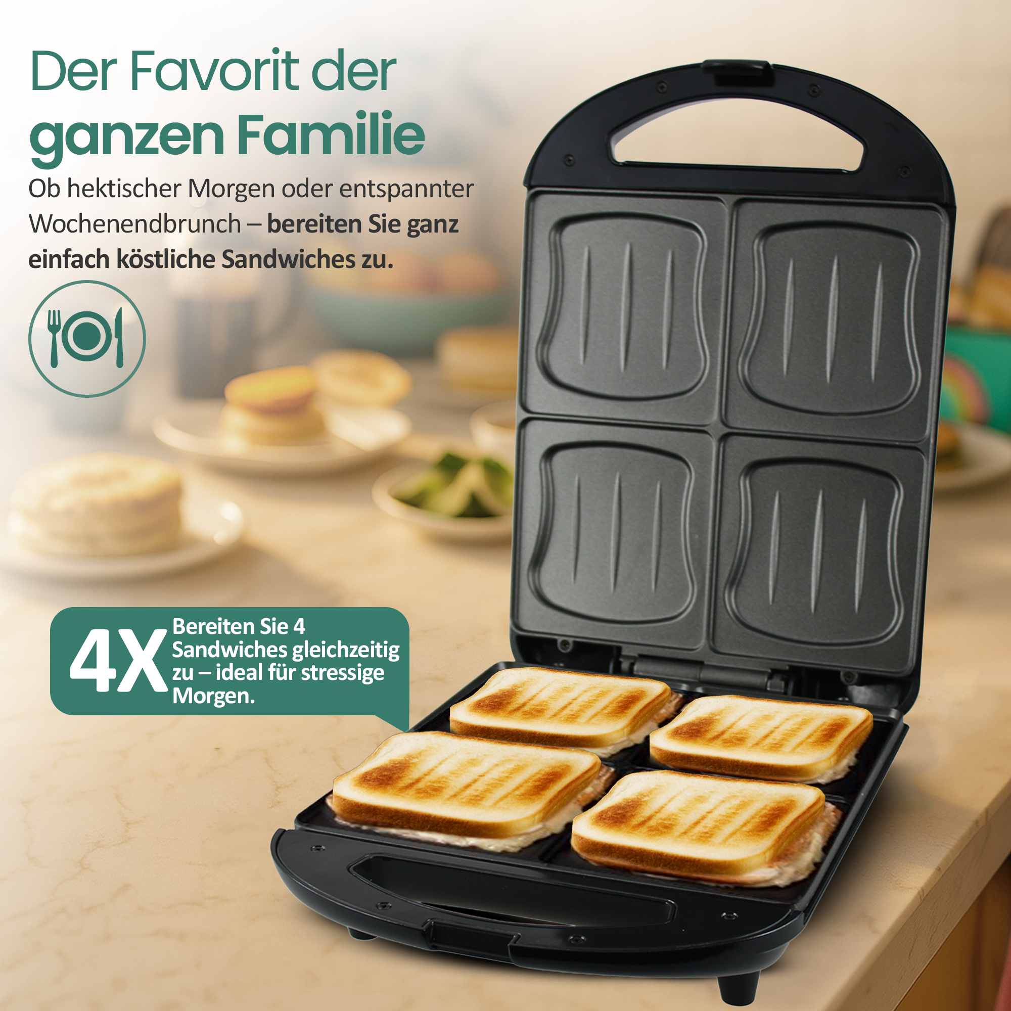 Ein schwarzer Sandwichtoaster mit vier Sandwiches, bereit für den Verzehr.