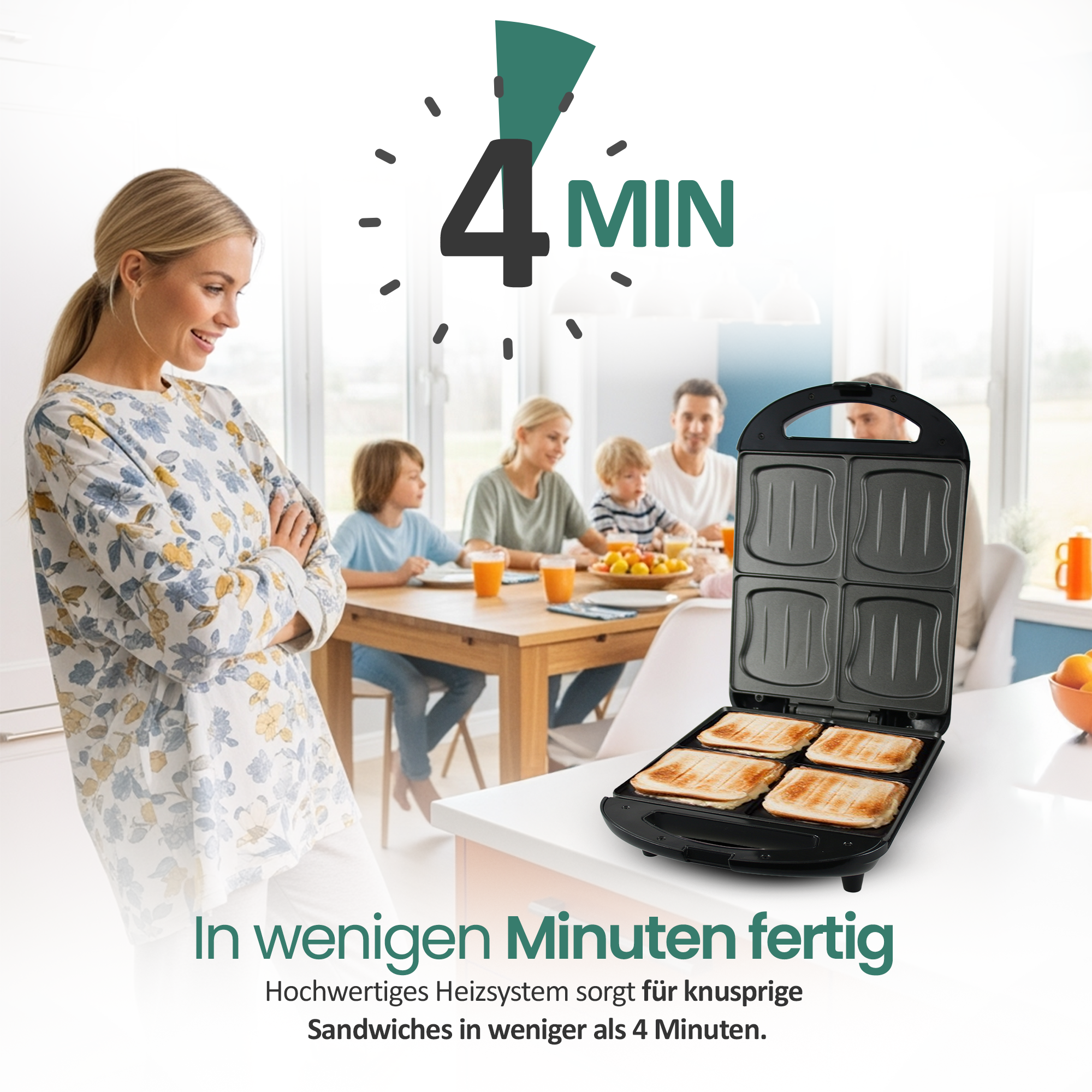 Eine Familie isst am Tisch, ein Sandwichmaker mit Toast ist im Vordergrund.
