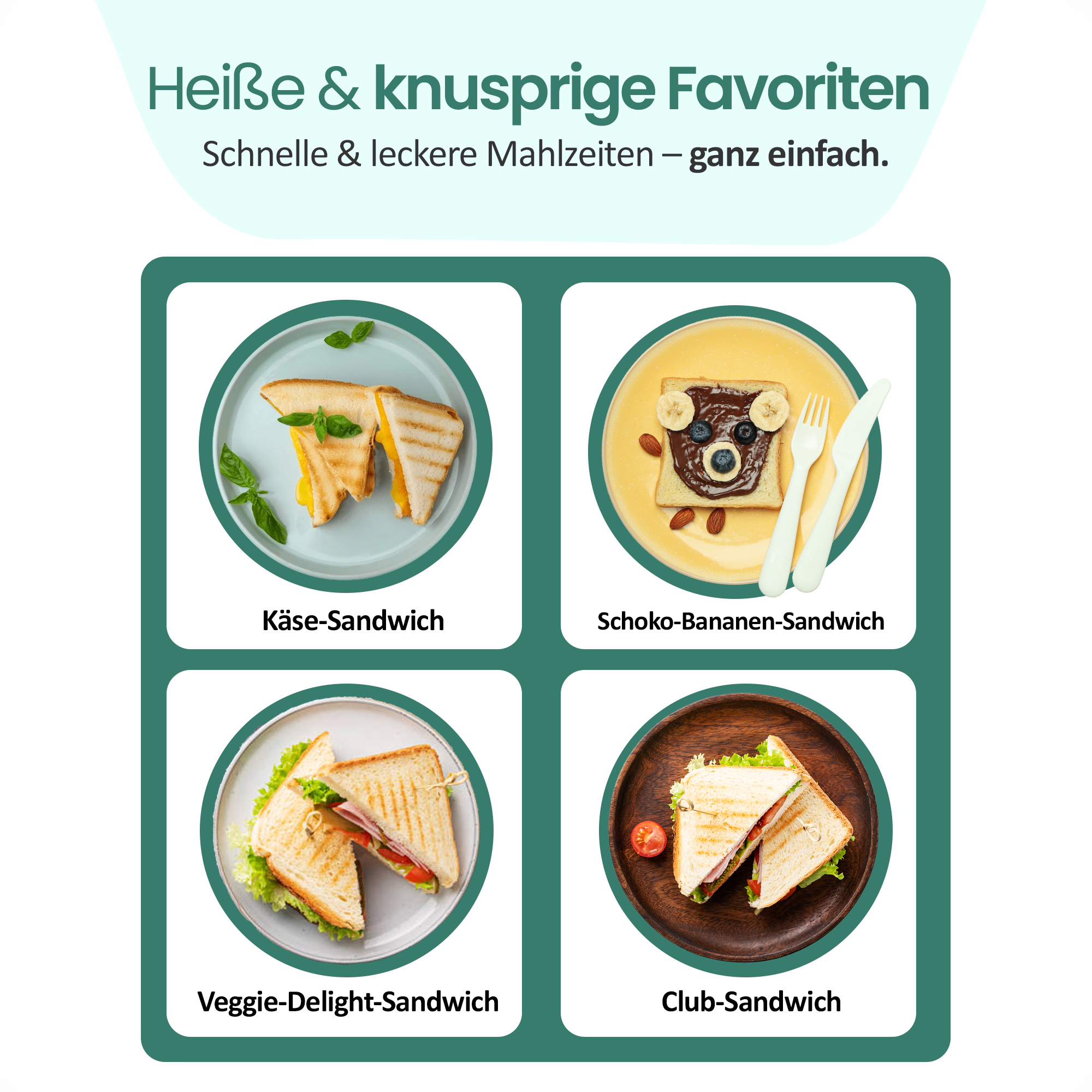 Vier Sandwiches: Käse, Schoko-Banane, Veggie und Club.