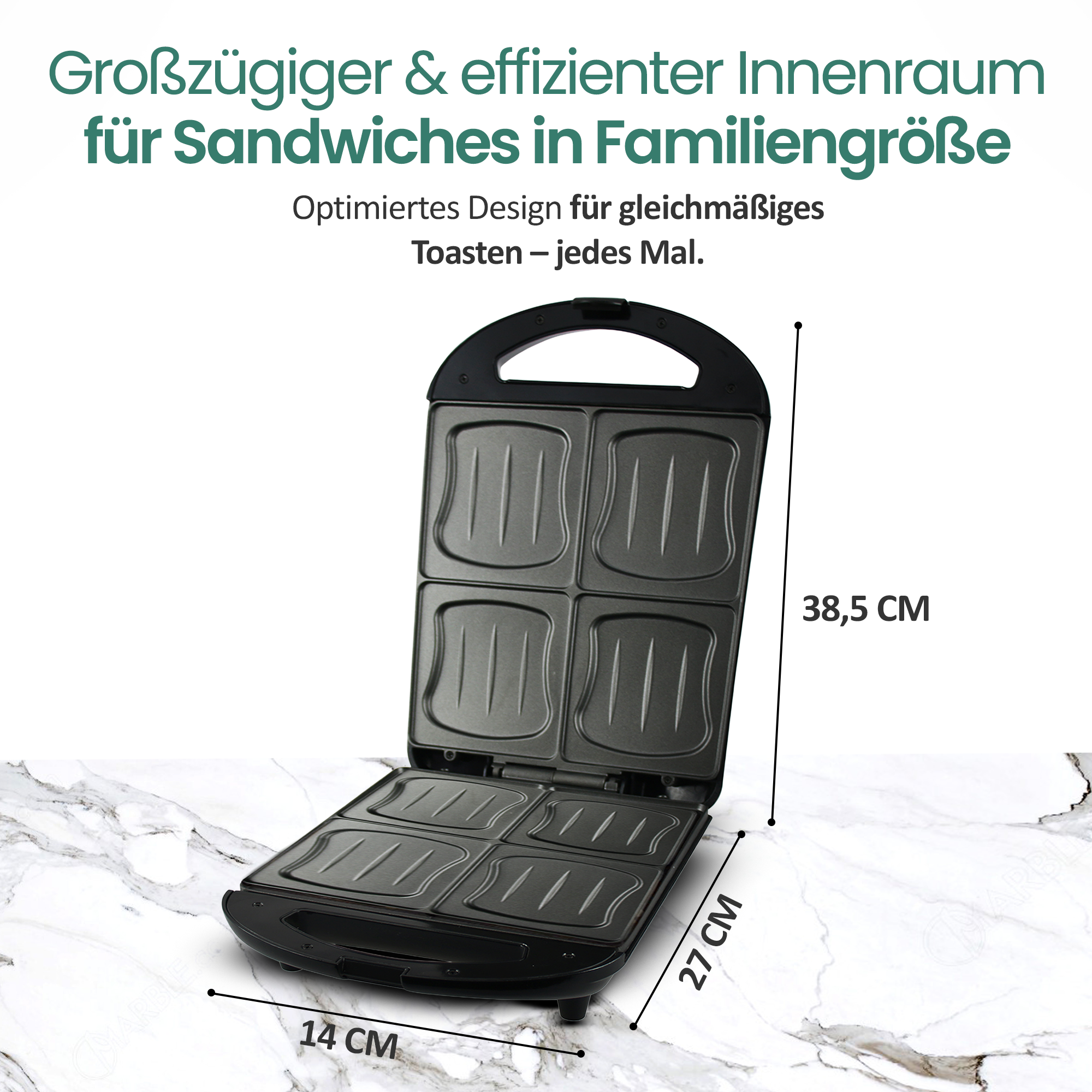 Ein offener Sandwichmaker mit vier Kochplatten und Maßangaben.